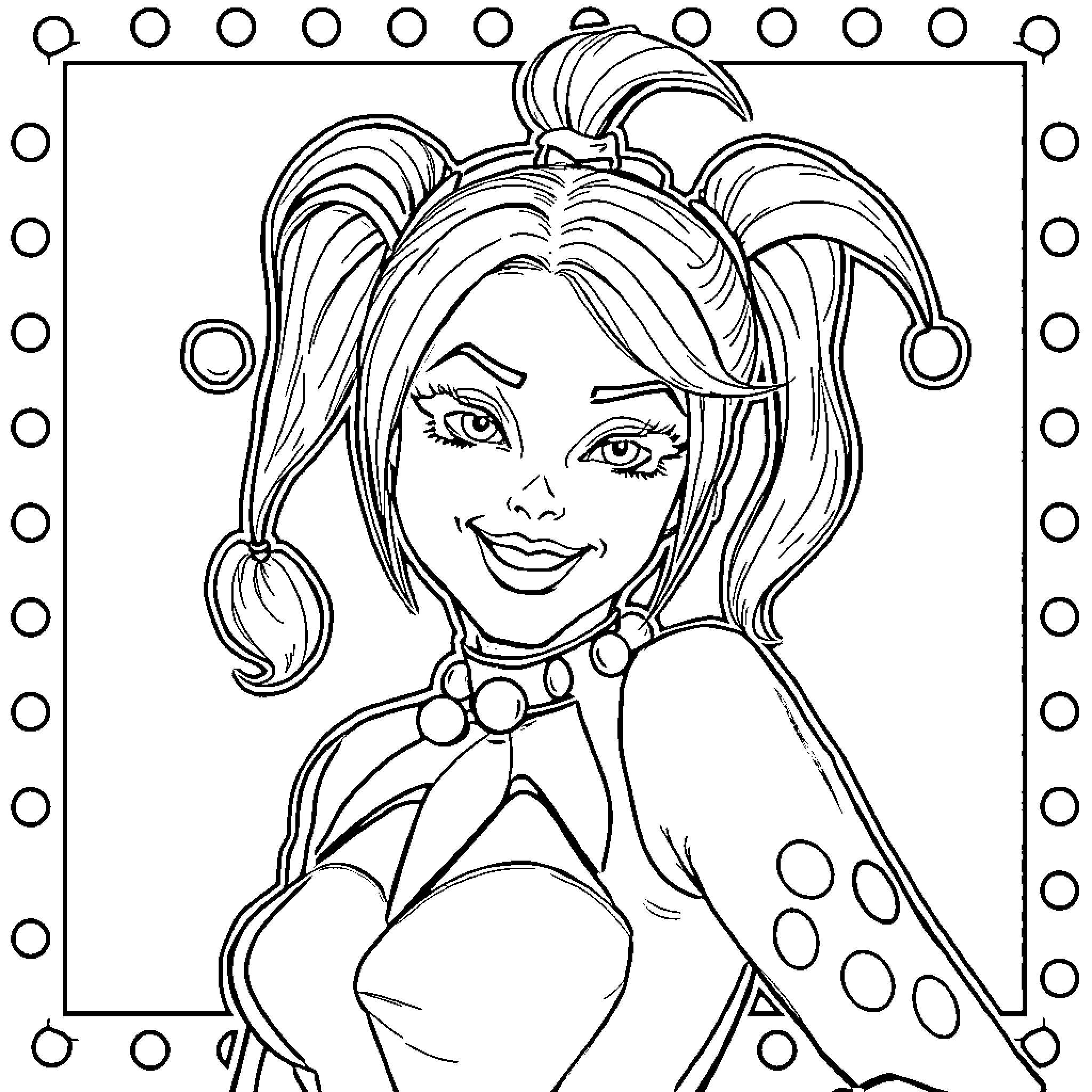 Harley Quinn's Mischievous Charm Coloring Page (free black-and-white line drawing printable PDF for all, from beginners to advanced learners, including children, teens, adults, and seniors)