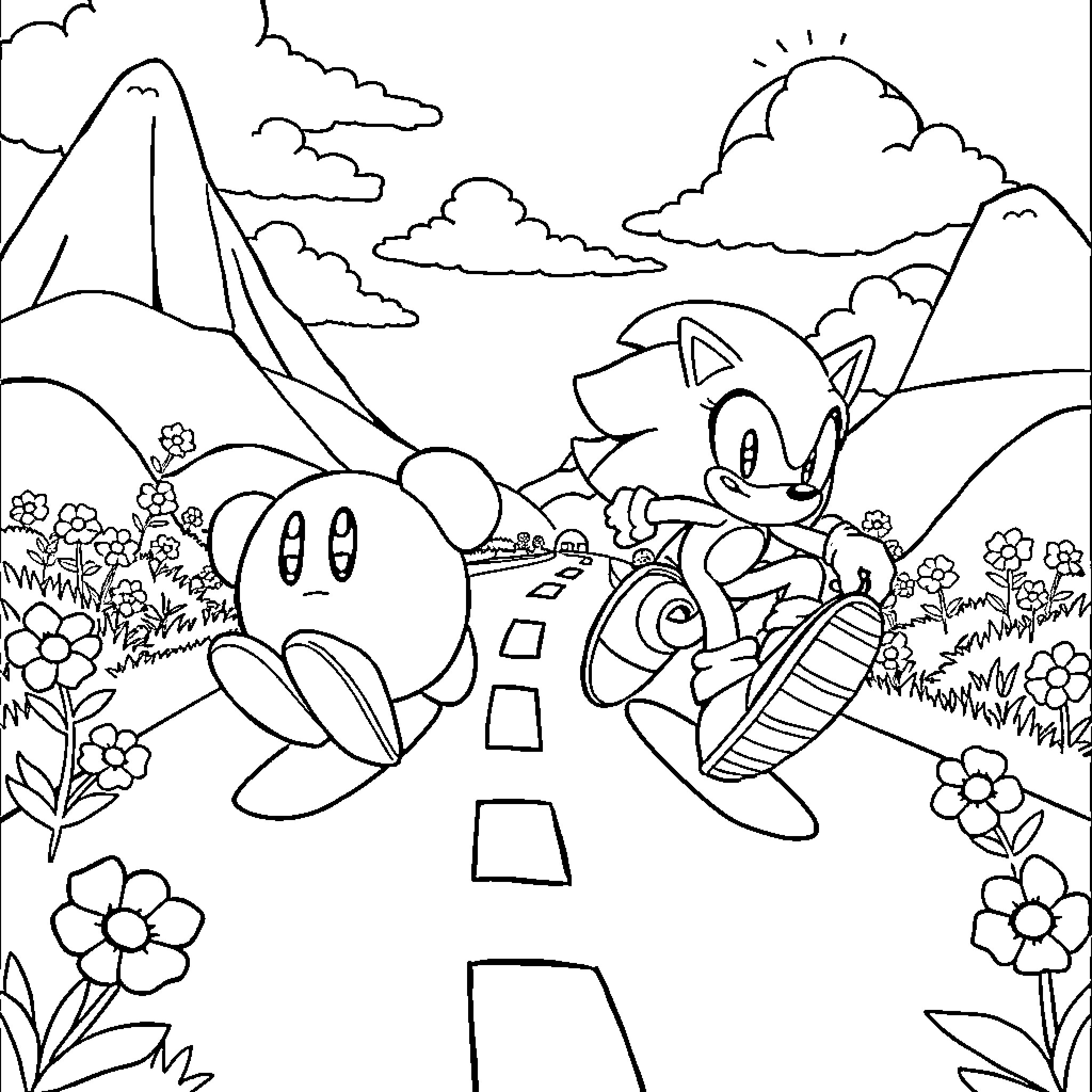 Kirby's Peaceful Adventure in the Countryside Coloring Page (free black-and-white line drawing printable PDF for all, from beginners to advanced learners, including children, teens, adults, and seniors)