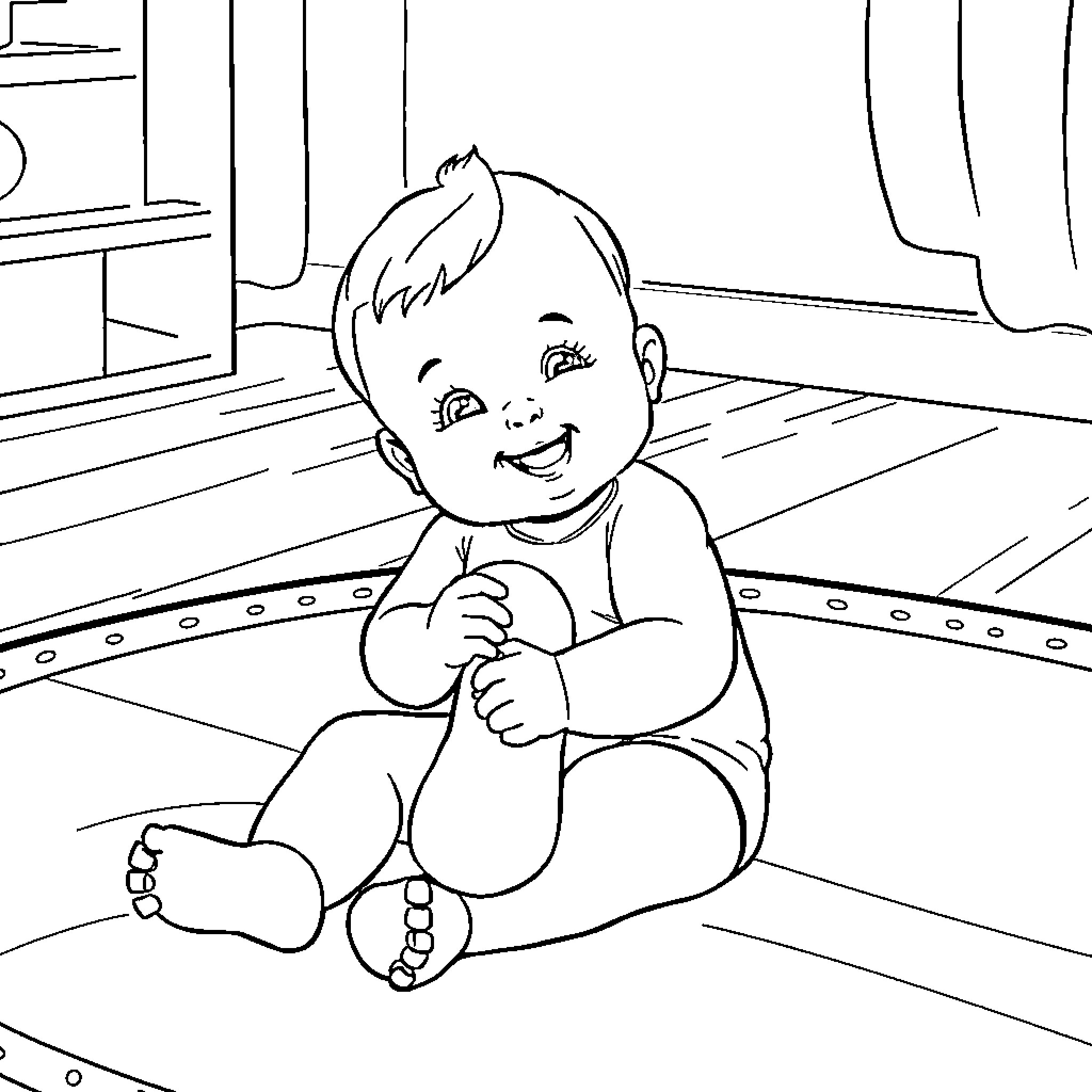 Baby Enjoying a Playful Moment Coloring Page (free black-and-white line drawing printable PDF for all, from beginners to advanced learners, including children, teens, adults, and seniors)