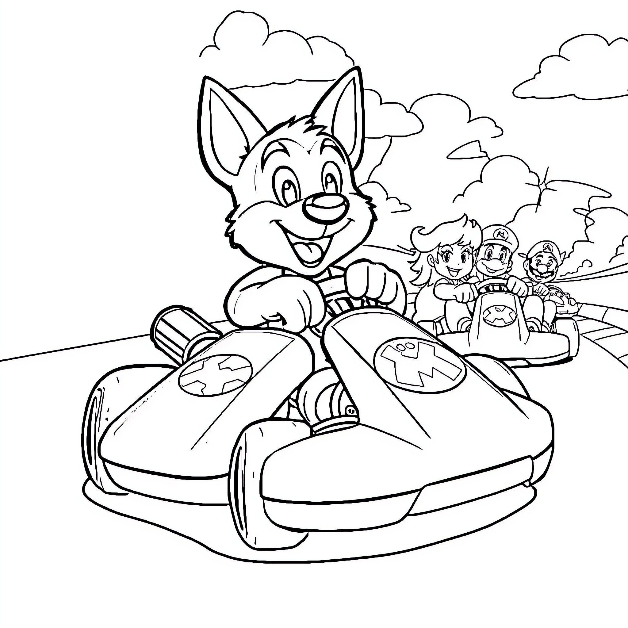 Dog riding a racing car with kids Coloring Page (free black-and-white line drawing printable PDF for all, from beginners to advanced learners, including children, teens, adults, and seniors)