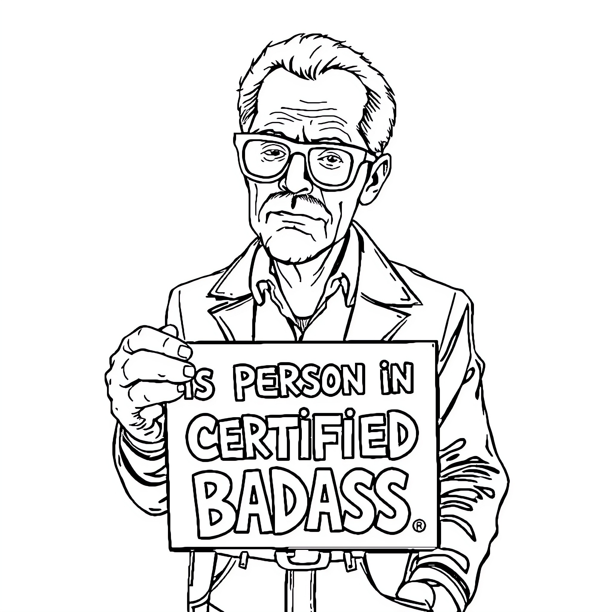 Hunter S. Thompson as a Certified Badass Coloring Page (free black-and-white line drawing printable PDF for all, from beginners to advanced learners, including children, teens, adults, and seniors)