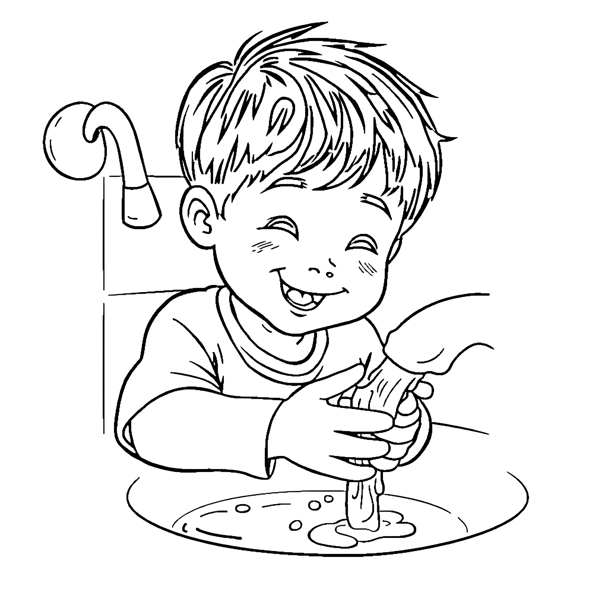 Kid happily playing with paint Coloring Page (free black-and-white line drawing printable PDF for all, from beginners to advanced learners, including children, teens, adults, and seniors)