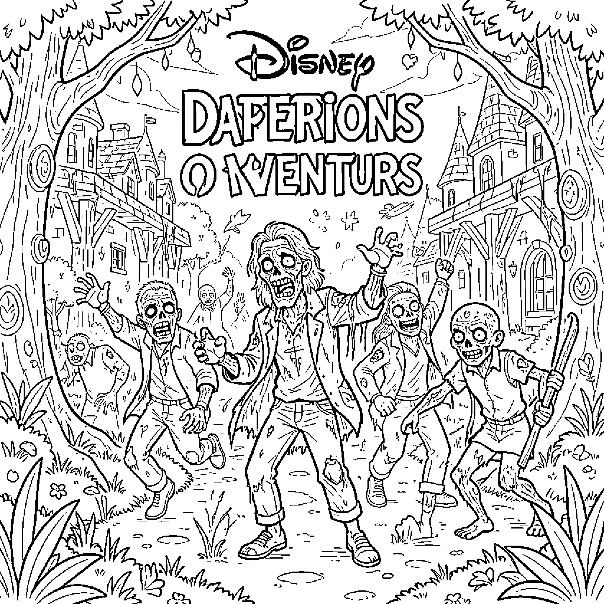 Zombie characters walking through a spooky village Coloring Page (free black-and-white line drawing printable PDF for all, from beginners to advanced learners, including children, teens, adults, and seniors)