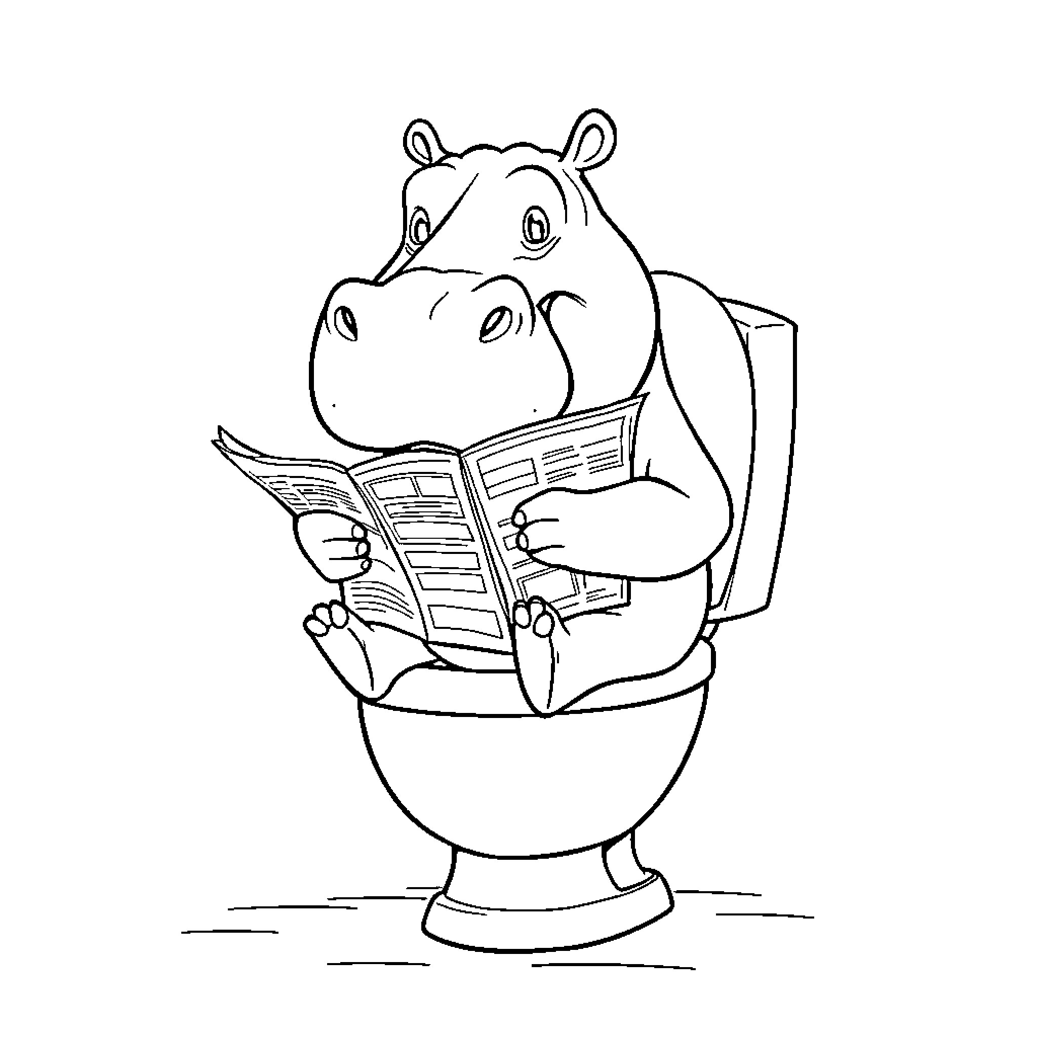 Hippo reading newspaper on toilet Coloring Page (free black-and-white line drawing printable PDF for all, from beginners to advanced learners, including children, teens, adults, and seniors)