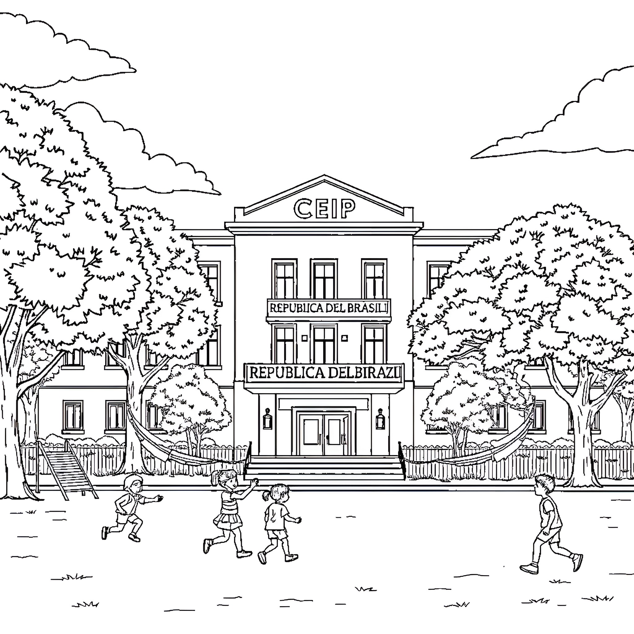 School children playing outside a historic building Coloring Page (free black-and-white line drawing printable PDF for all, from beginners to advanced learners, including children, teens, adults, and seniors)
