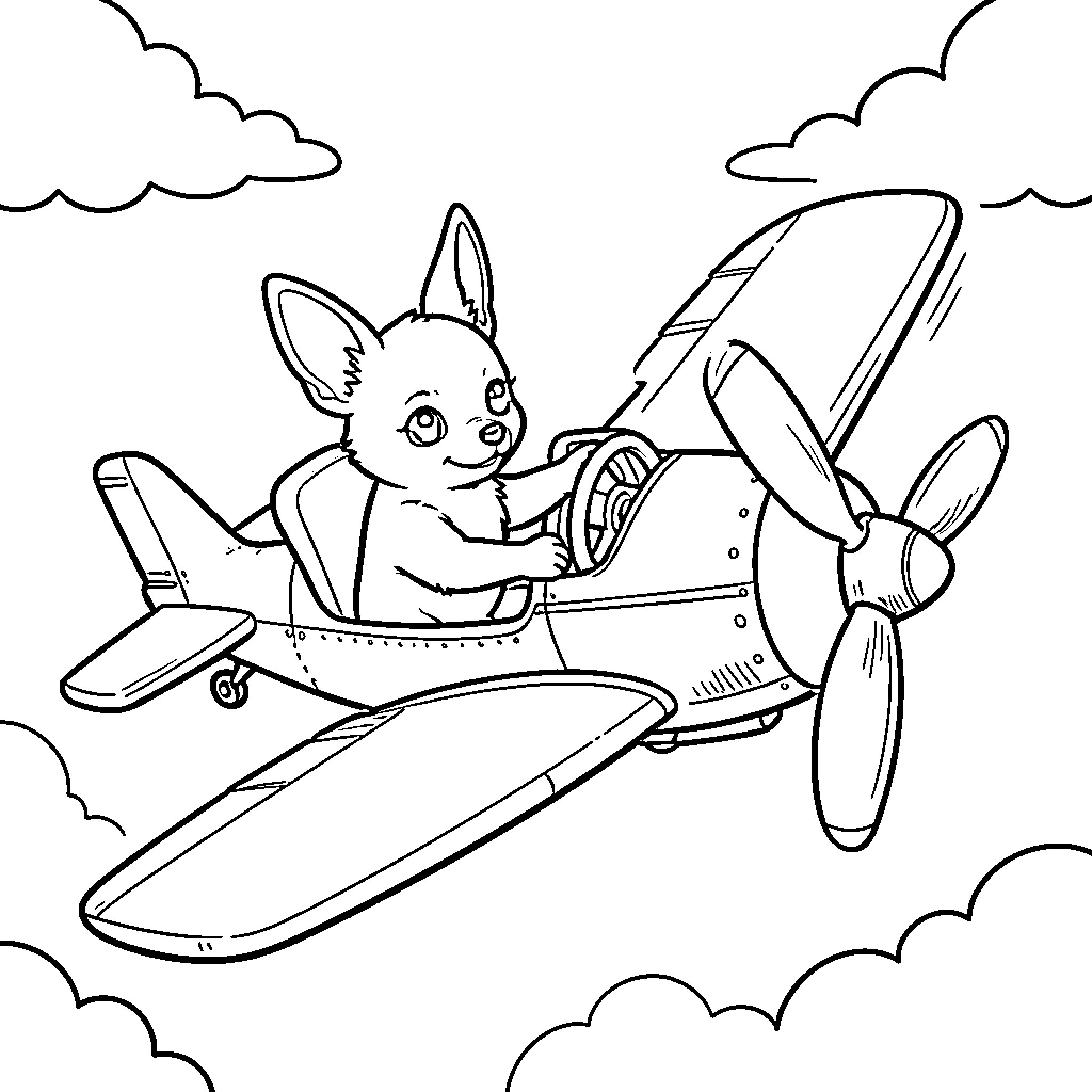 Chihuahua flying a small airplane through the clouds Coloring Page (free black-and-white line drawing printable PDF for all, from beginners to advanced learners, including children, teens, adults, and seniors)