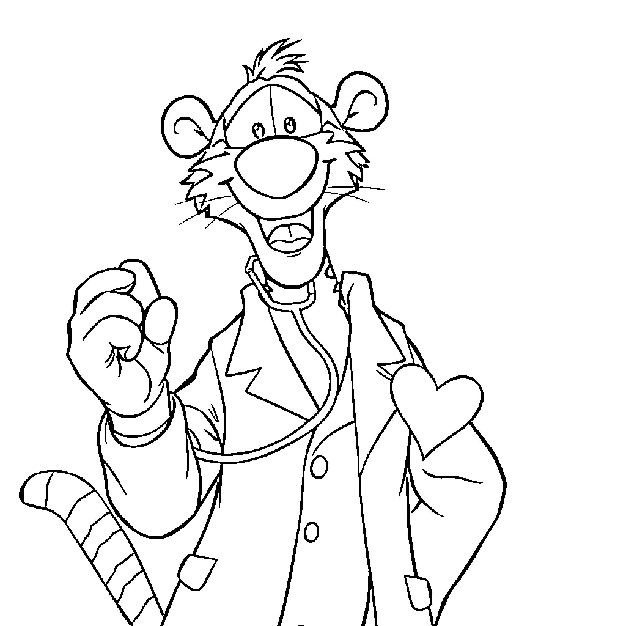 Tigger making a silly gesture in his signature outfit Coloring Page (free black-and-white line drawing printable PDF for all, from beginners to advanced learners, including children, teens, adults, and seniors)