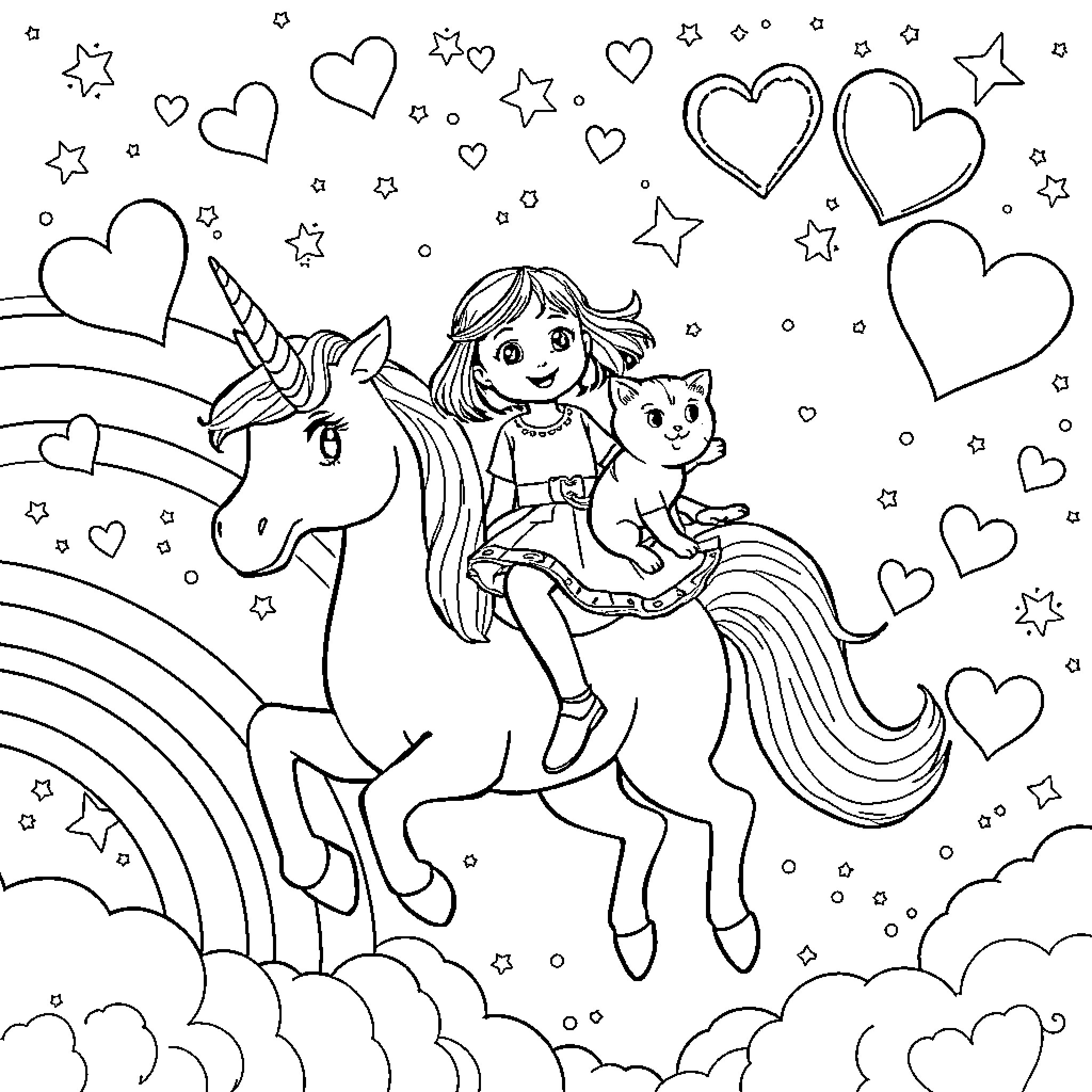 Girl riding a unicorn with her pet cat in a magical world Coloring Page (free black-and-white line drawing printable PDF for all, from beginners to advanced learners, including children, teens, adults, and seniors)