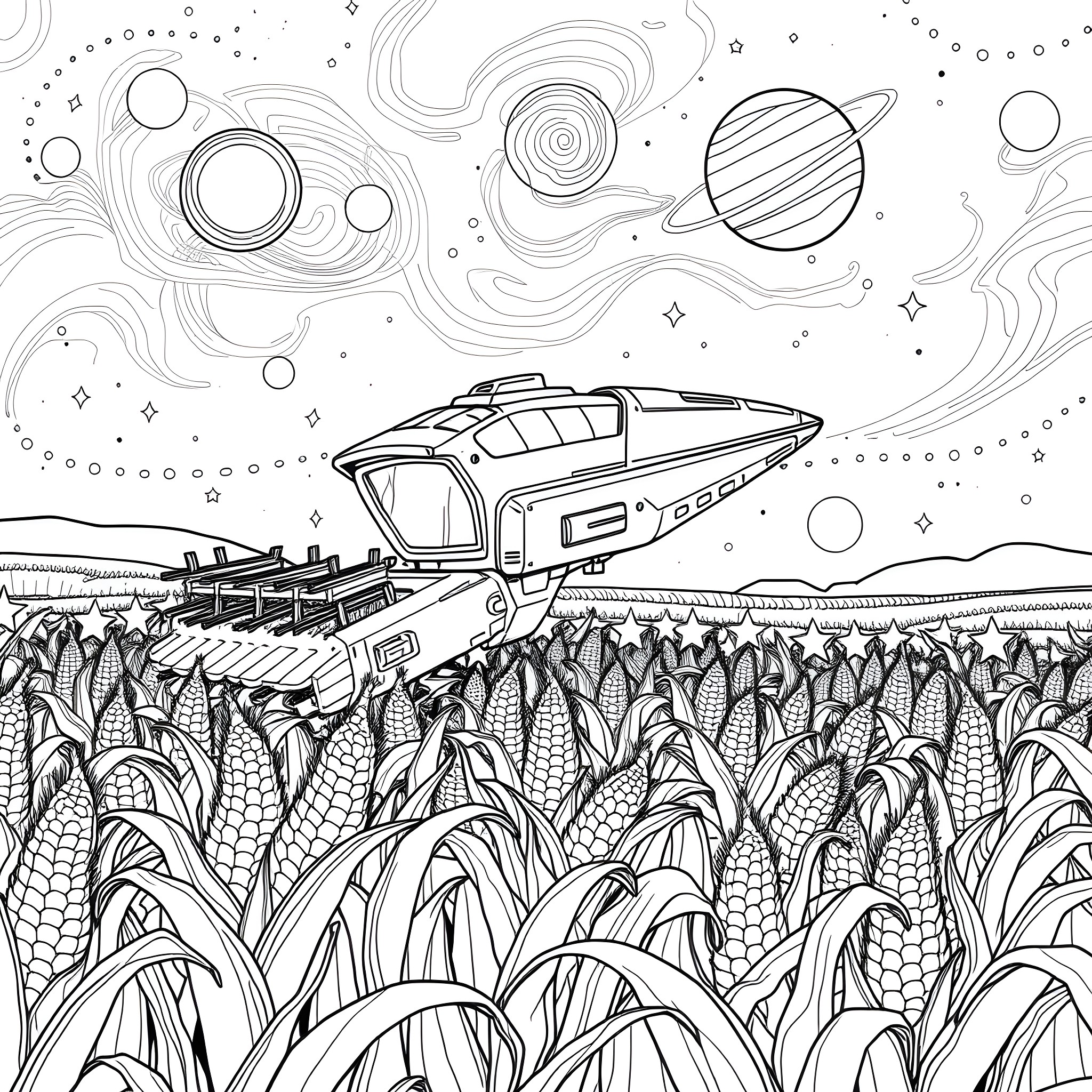 Corn Harvester Spacecraft Exploring Galactic Cornfield Coloring Page (free black-and-white line drawing printable PDF for all, from beginners to advanced learners, including children, teens, adults, and seniors)