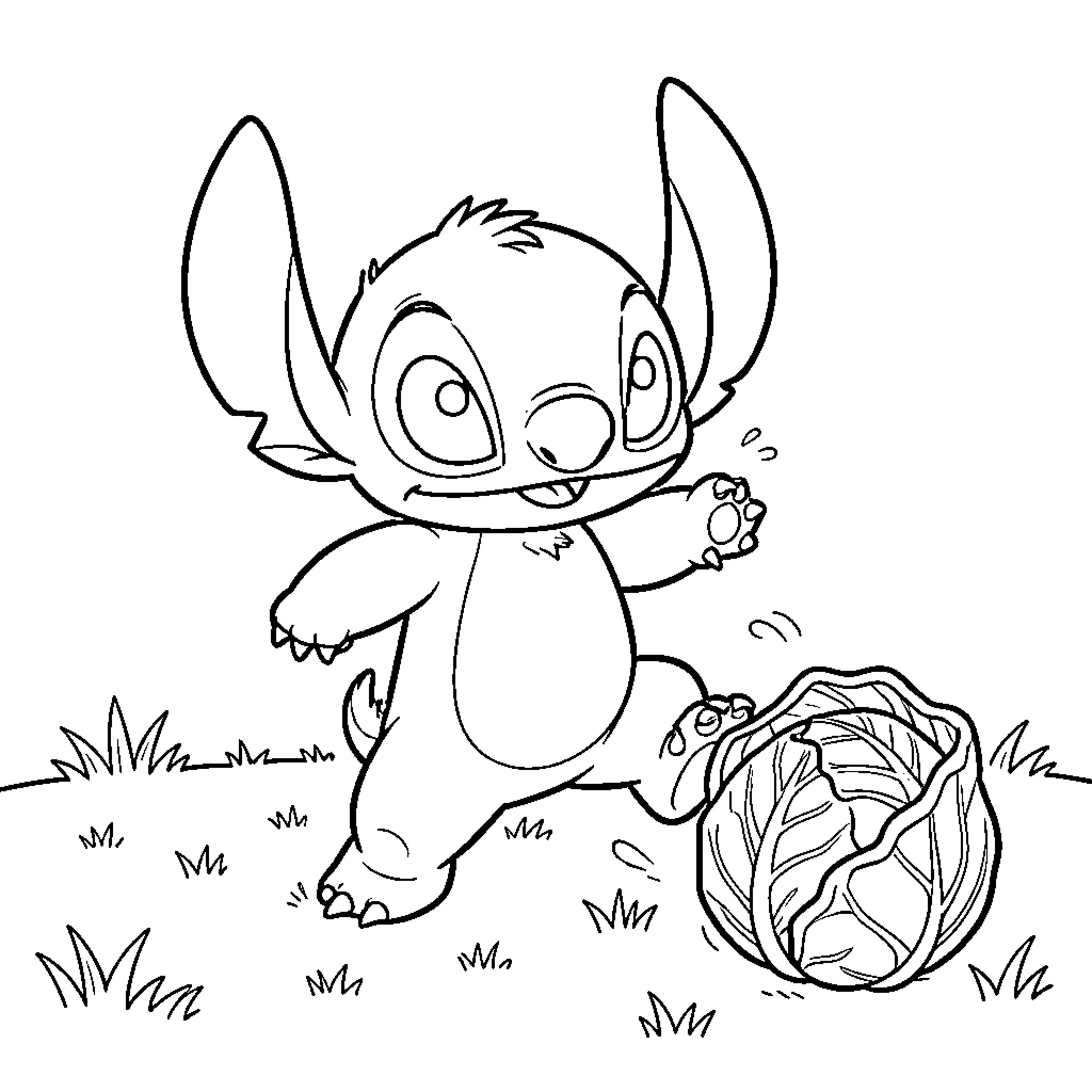 Stitch exploring a vegetable garden Coloring Page (free black-and-white line drawing printable PDF for all, from beginners to advanced learners, including children, teens, adults, and seniors)