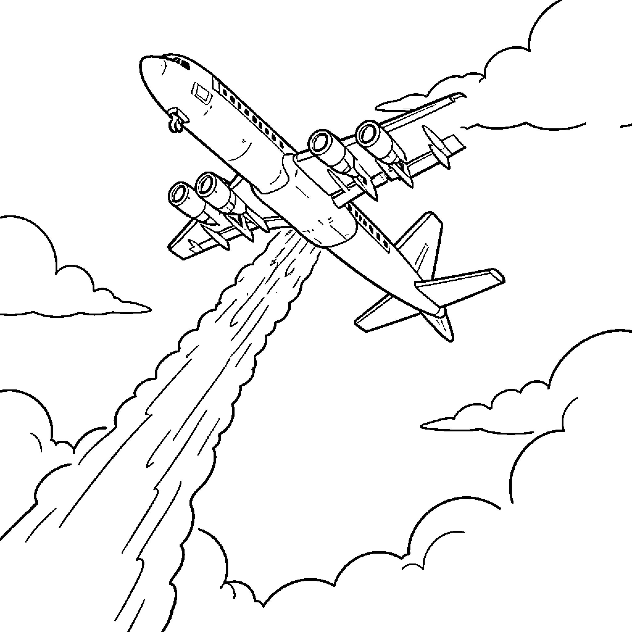 Avión volando entre nubes dejando una estela Coloring Page (free black-and-white line drawing printable PDF for all, from beginners to advanced learners, including children, teens, adults, and seniors)
