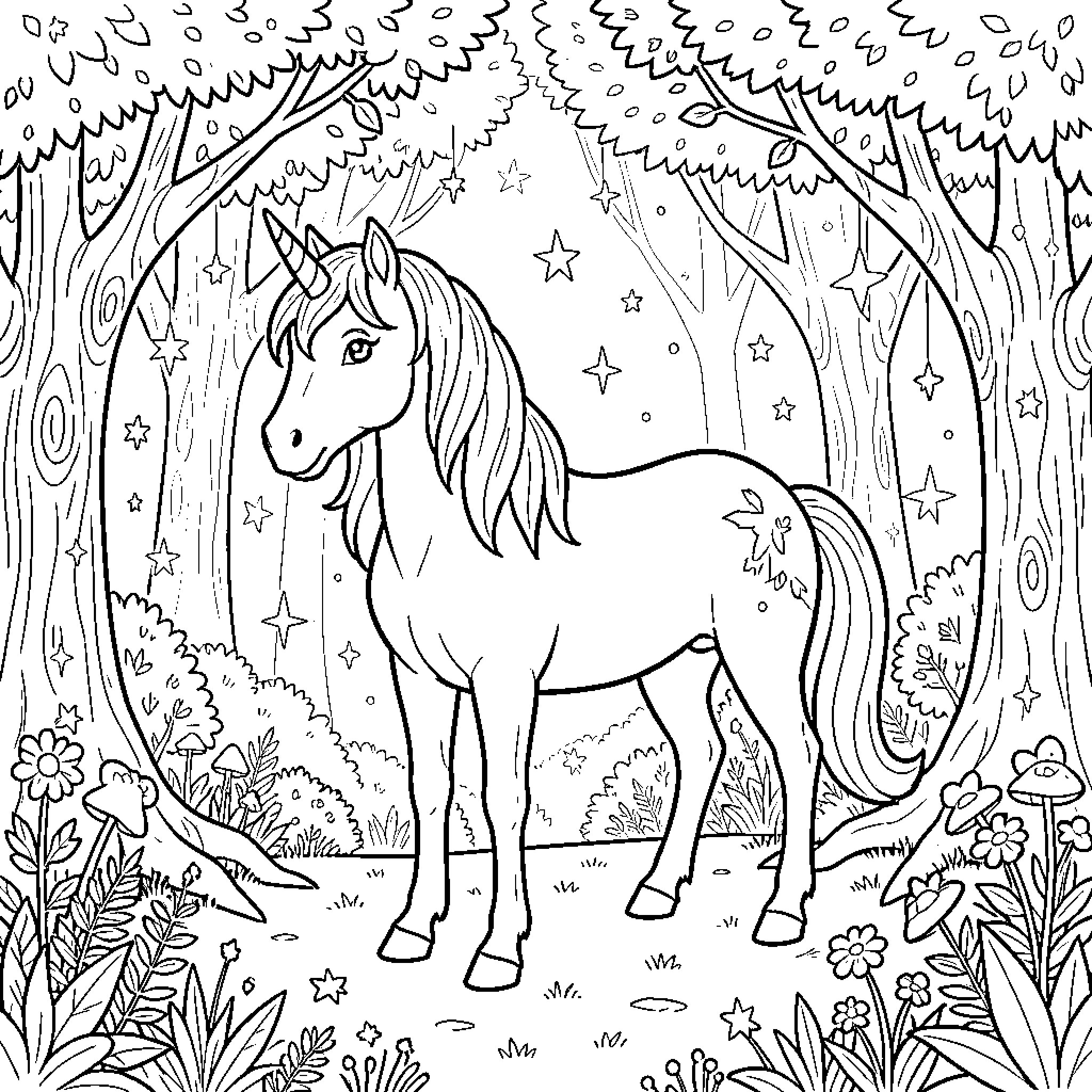 Unicorn in Enchanted Forest Coloring Page (free black-and-white line drawing printable PDF for all, from beginners to advanced learners, including children, teens, adults, and seniors)