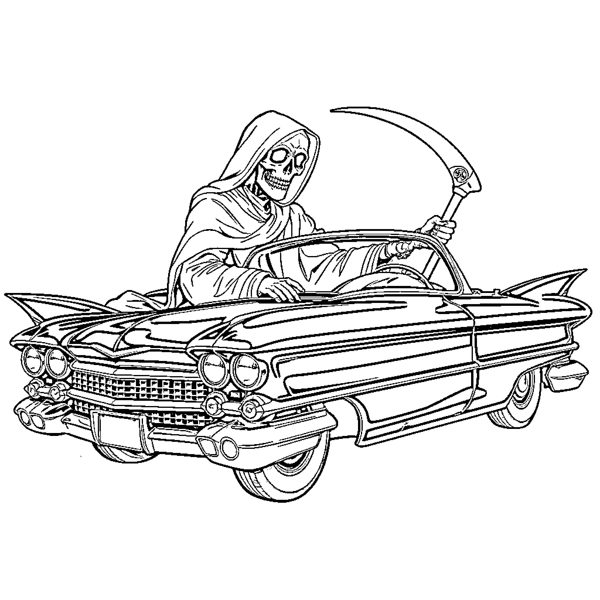 Grim Reaper driving a vintage car Coloring Page (free black-and-white line drawing printable PDF for all, from beginners to advanced learners, including children, teens, adults, and seniors)