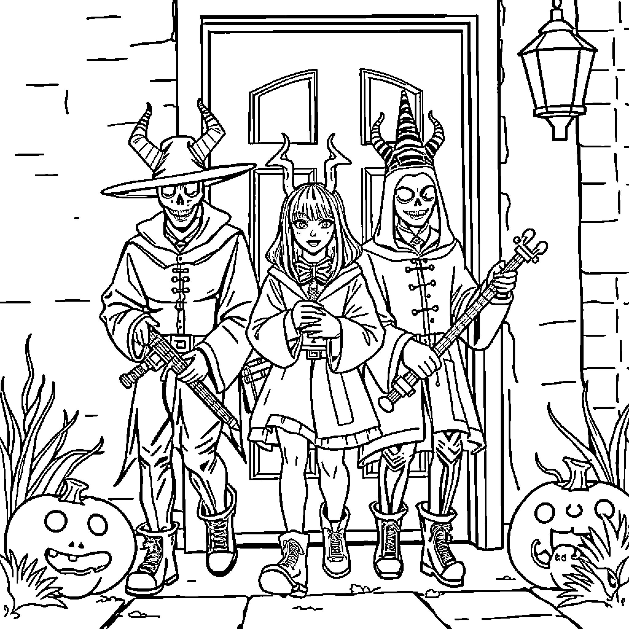 Demon Hunter trio on a quest in a fantasy world Coloring Page (free black-and-white line drawing printable PDF for all, from beginners to advanced learners, including children, teens, adults, and seniors)