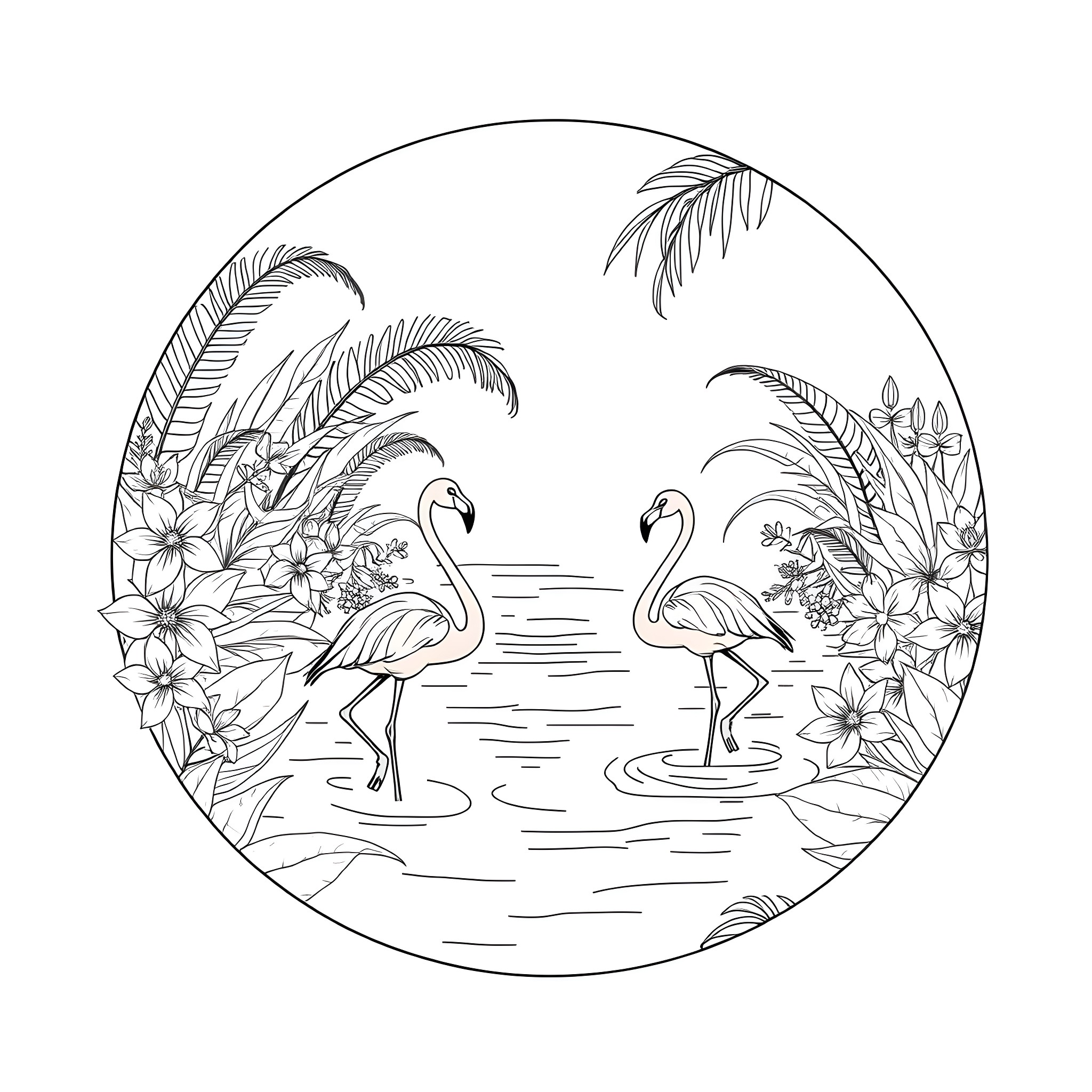 Flamingos amid tropical foliage in a serene scene Coloring Page (free black-and-white line drawing printable PDF for all, from beginners to advanced learners, including children, teens, adults, and seniors)