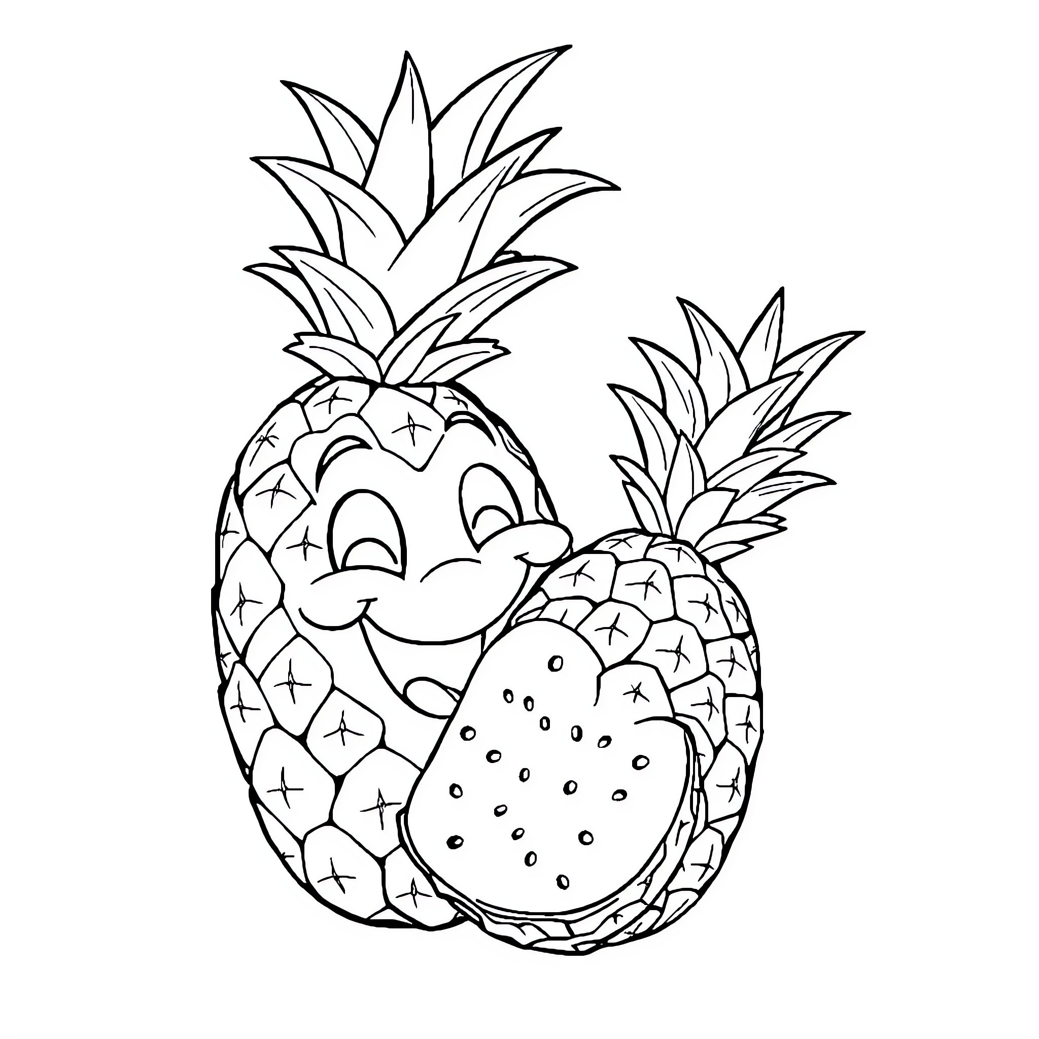 Pineapple friends having a cheerful gathering Coloring Page (free black-and-white line drawing printable PDF for all, from beginners to advanced learners, including children, teens, adults, and seniors)