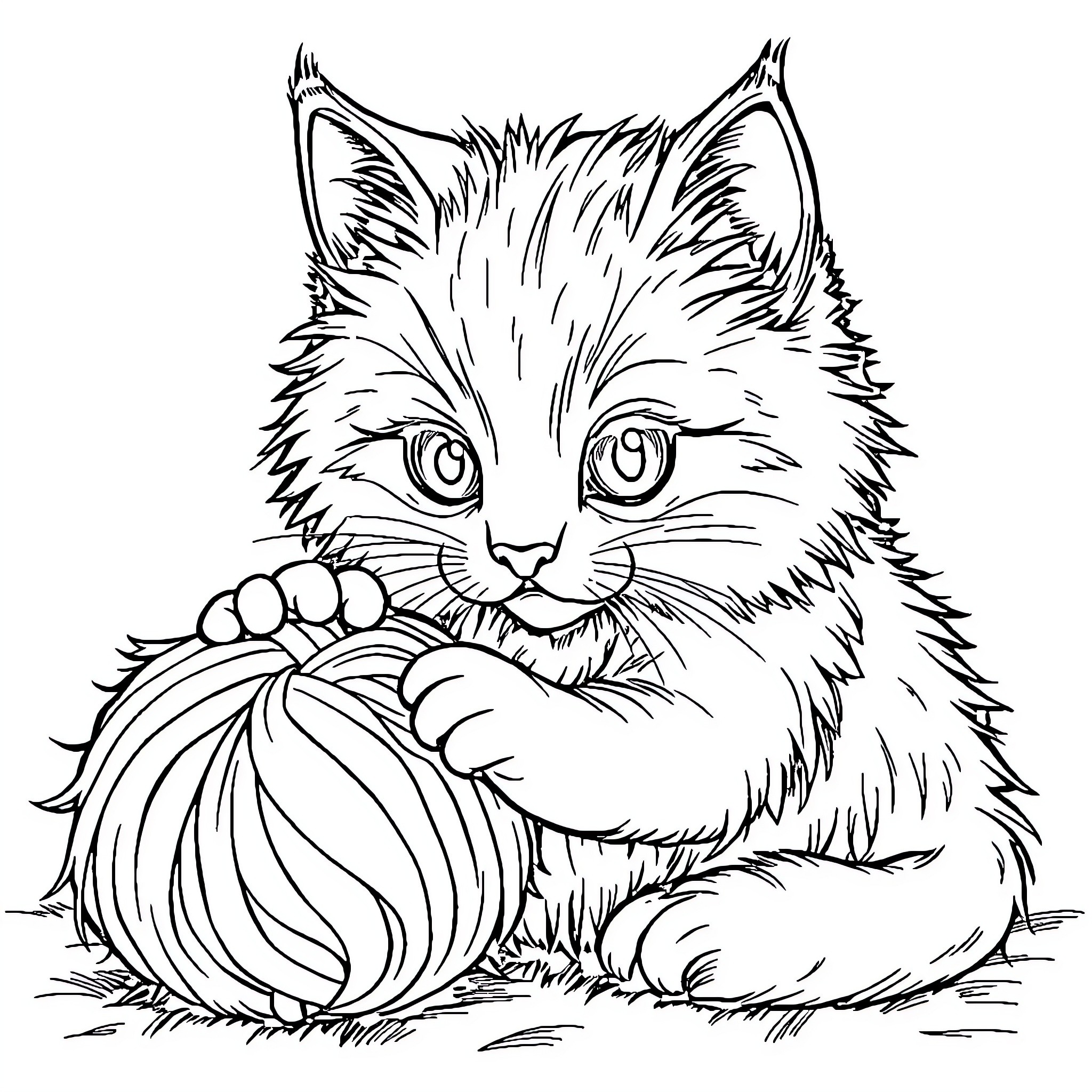 Cat curiously examining a flower Coloring Page (free black-and-white line drawing printable PDF for all, from beginners to advanced learners, including children, teens, adults, and seniors)
