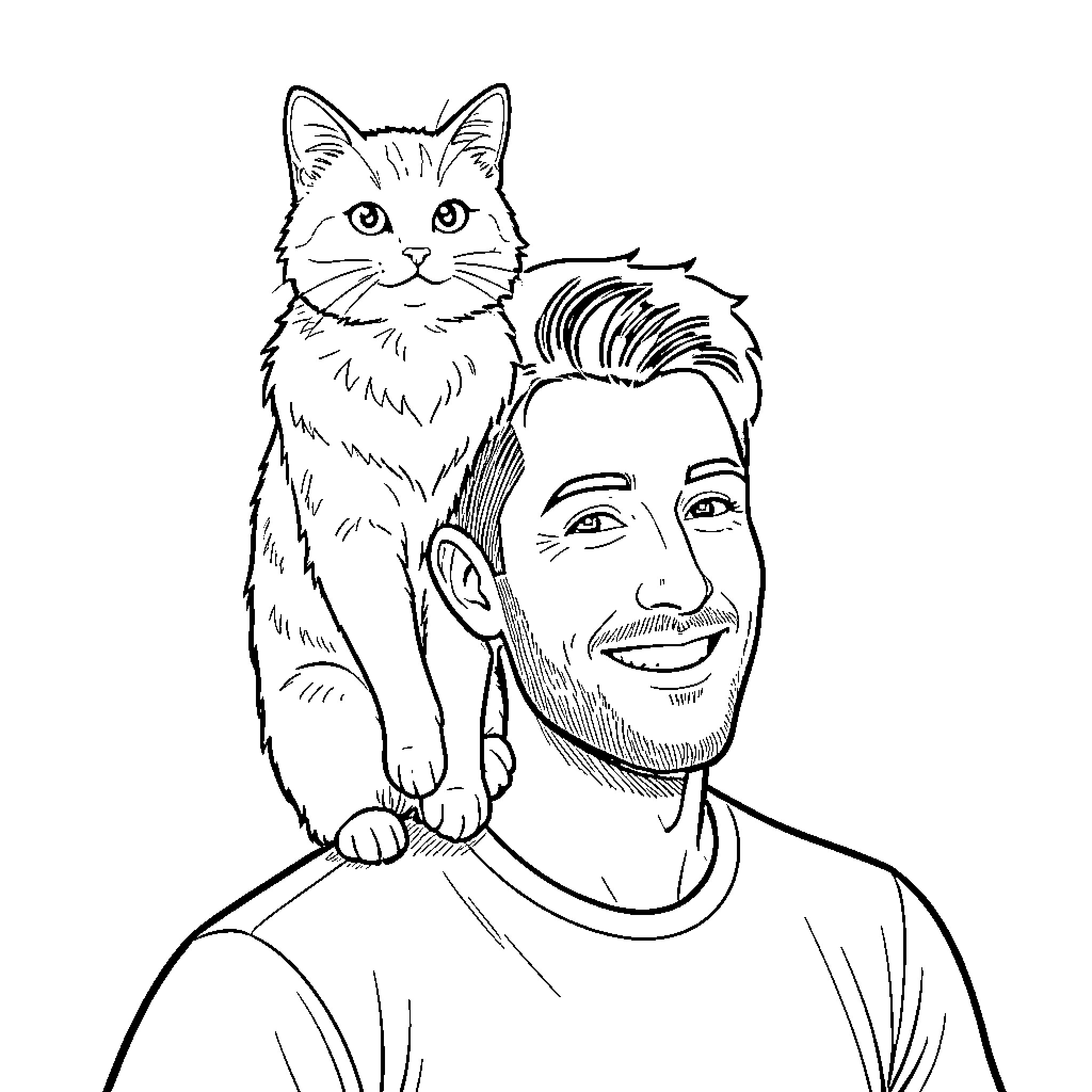 Cat perched on man's shoulder Coloring Page (free black-and-white line drawing printable PDF for all, from beginners to advanced learners, including children, teens, adults, and seniors)