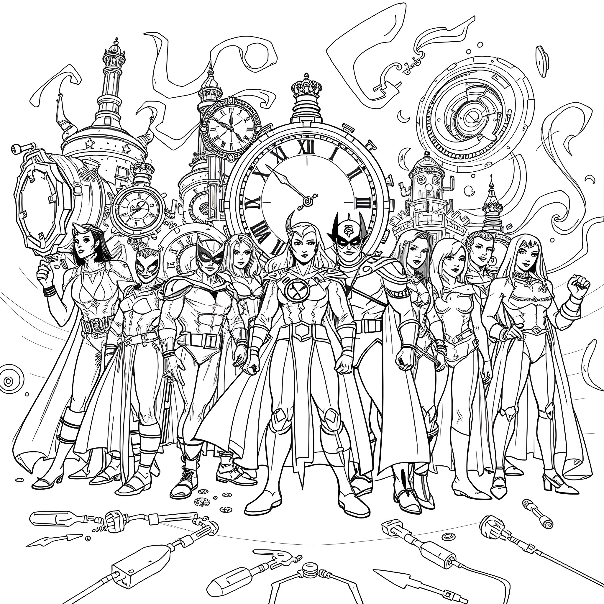 DC Legends of Tomorrow: Heroic characters in action-packed scene Coloring Page (free black-and-white line drawing printable PDF for all, from beginners to advanced learners, including children, teens, adults, and seniors)