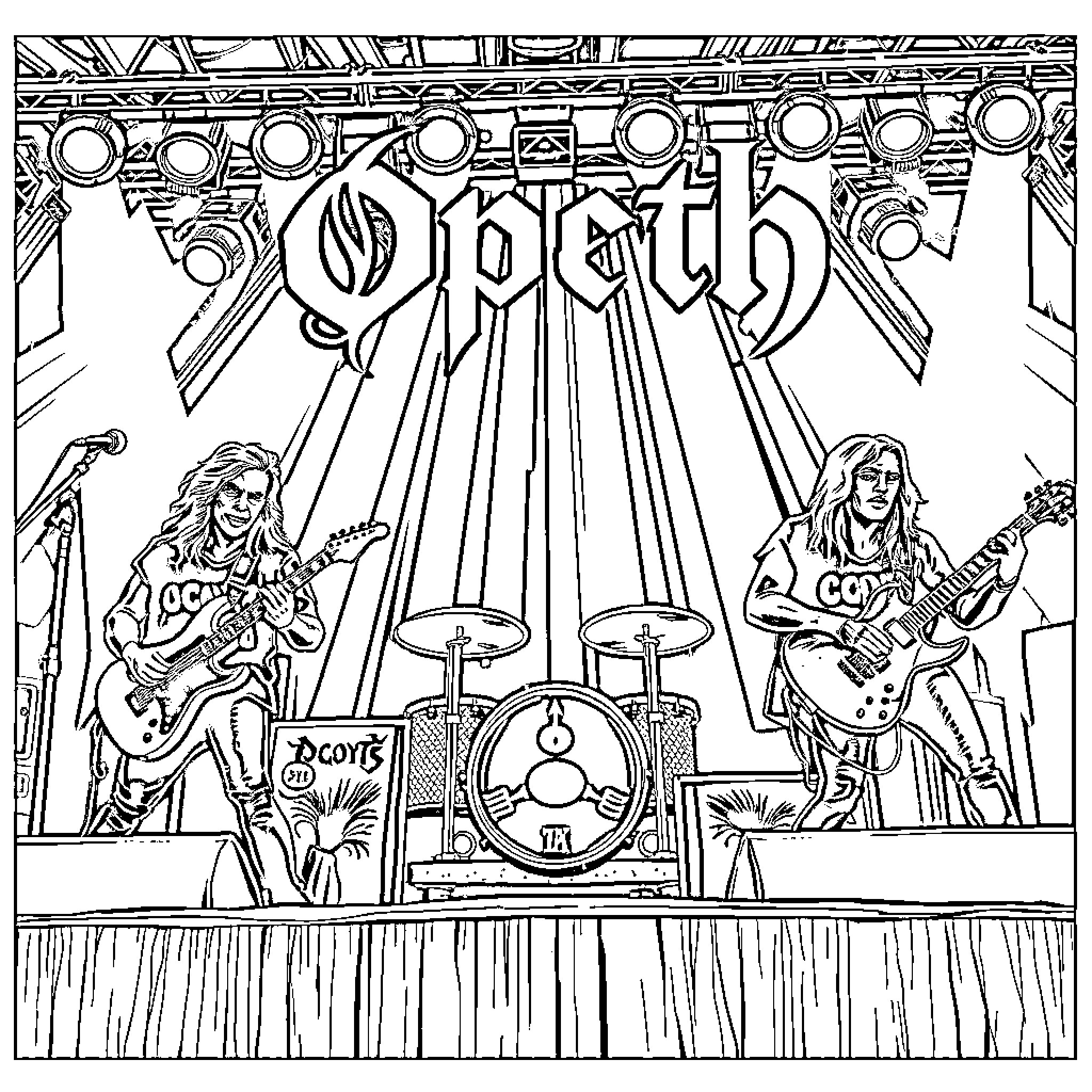 Opeth: Energetic Rock Band Performance Coloring Page (free black-and-white line drawing printable PDF for all, from beginners to advanced learners, including children, teens, adults, and seniors)