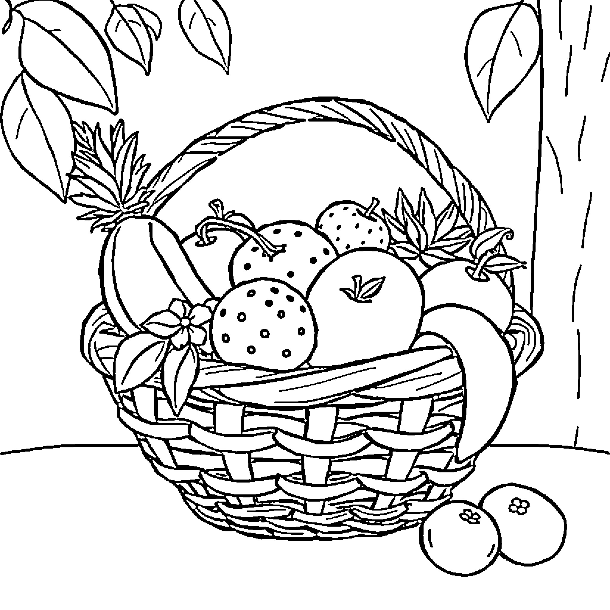 Mouse carrying basket of fruits and veggies Coloring Page (free black-and-white line drawing printable PDF for all, from beginners to advanced learners, including children, teens, adults, and seniors)
