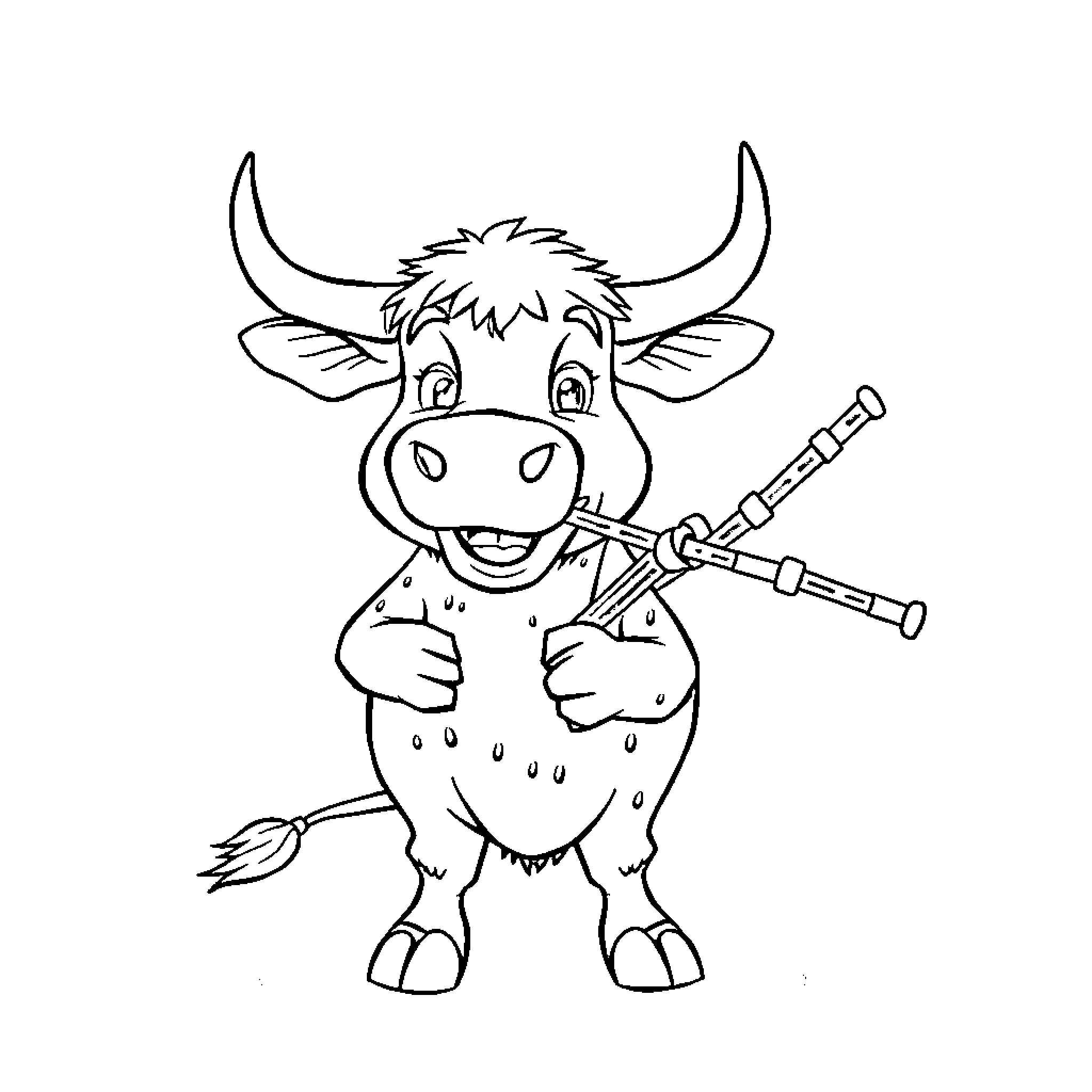 Highland Cow Playing with Pipe Coloring Page (free black-and-white line drawing printable PDF for all, from beginners to advanced learners, including children, teens, adults, and seniors)