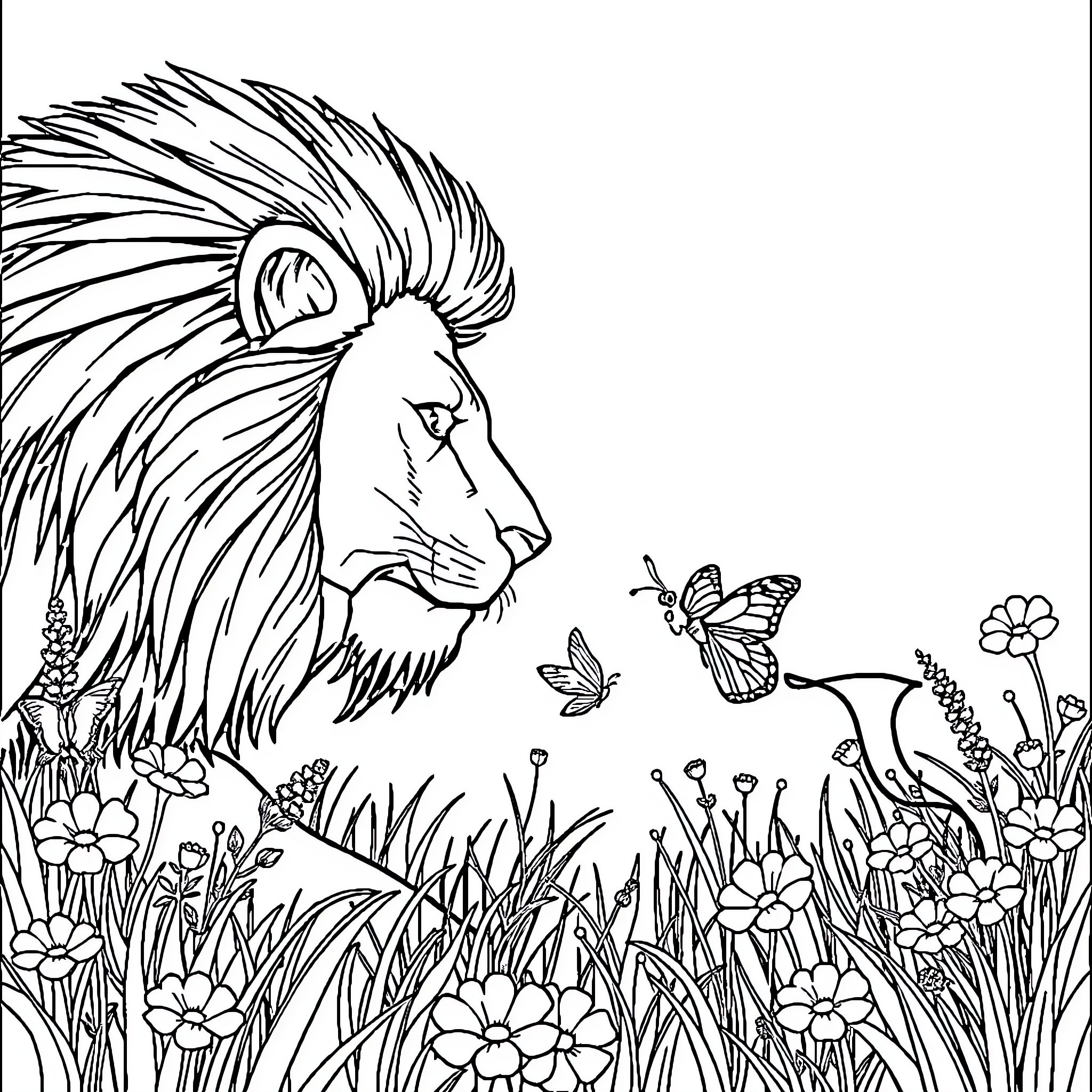 Butterfly garden with majestic lion Coloring Page (free black-and-white line drawing printable PDF for all, from beginners to advanced learners, including children, teens, adults, and seniors)