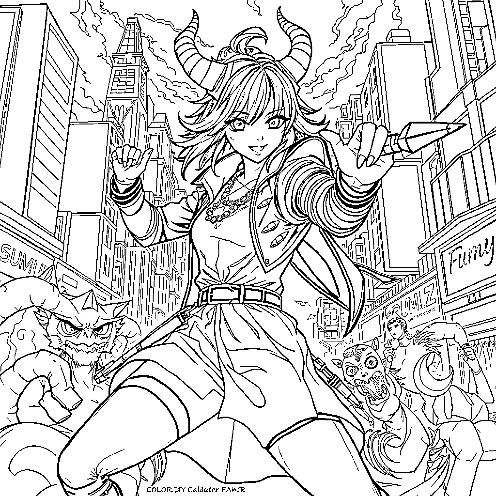 Demon Hunter Battles Monsters in Chaotic City Scene Coloring Page (free black-and-white line drawing printable PDF for all, from beginners to advanced learners, including children, teens, adults, and seniors)