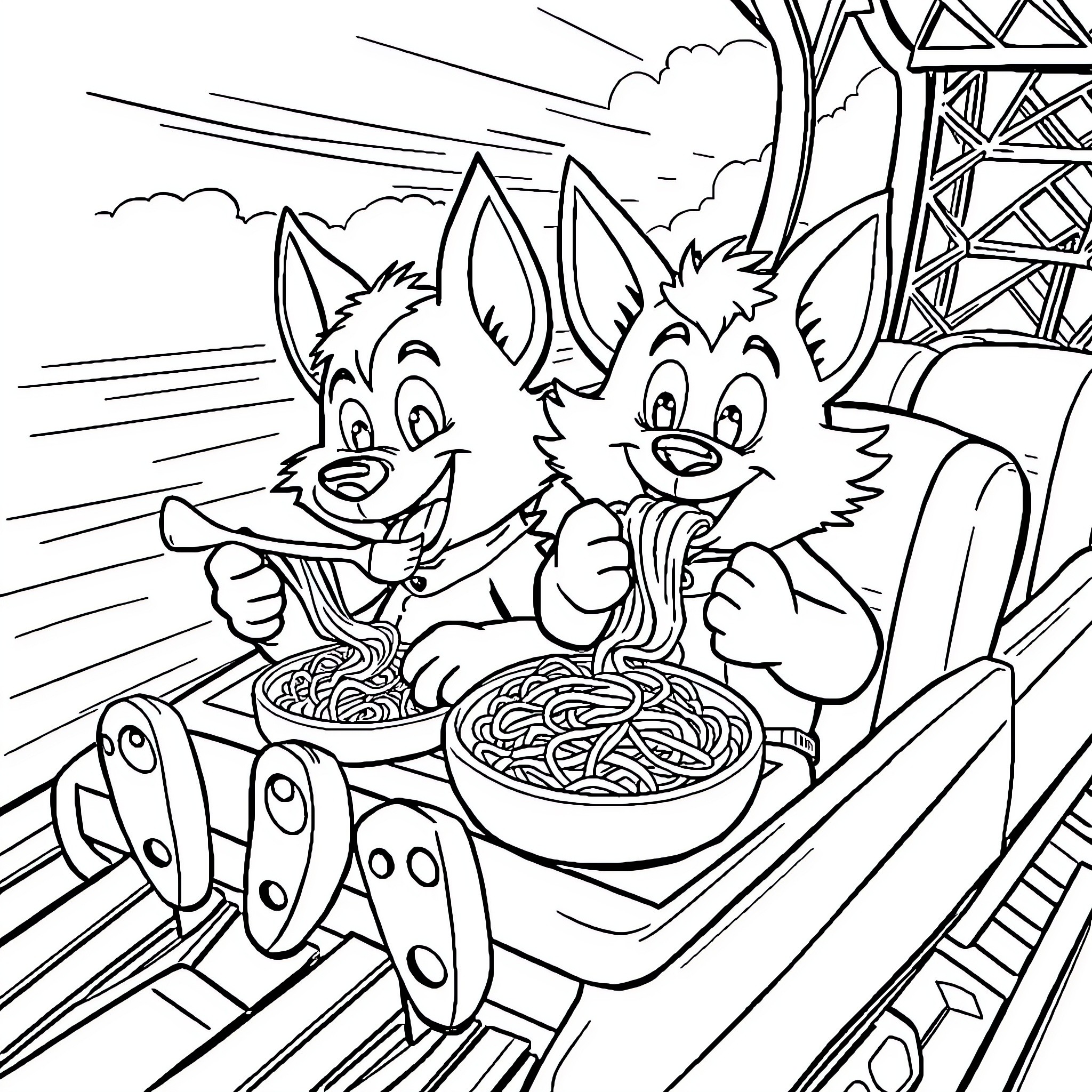Bluey and Bingo Enjoying a Meal Together Coloring Page (free black-and-white line drawing printable PDF for all, from beginners to advanced learners, including children, teens, adults, and seniors)