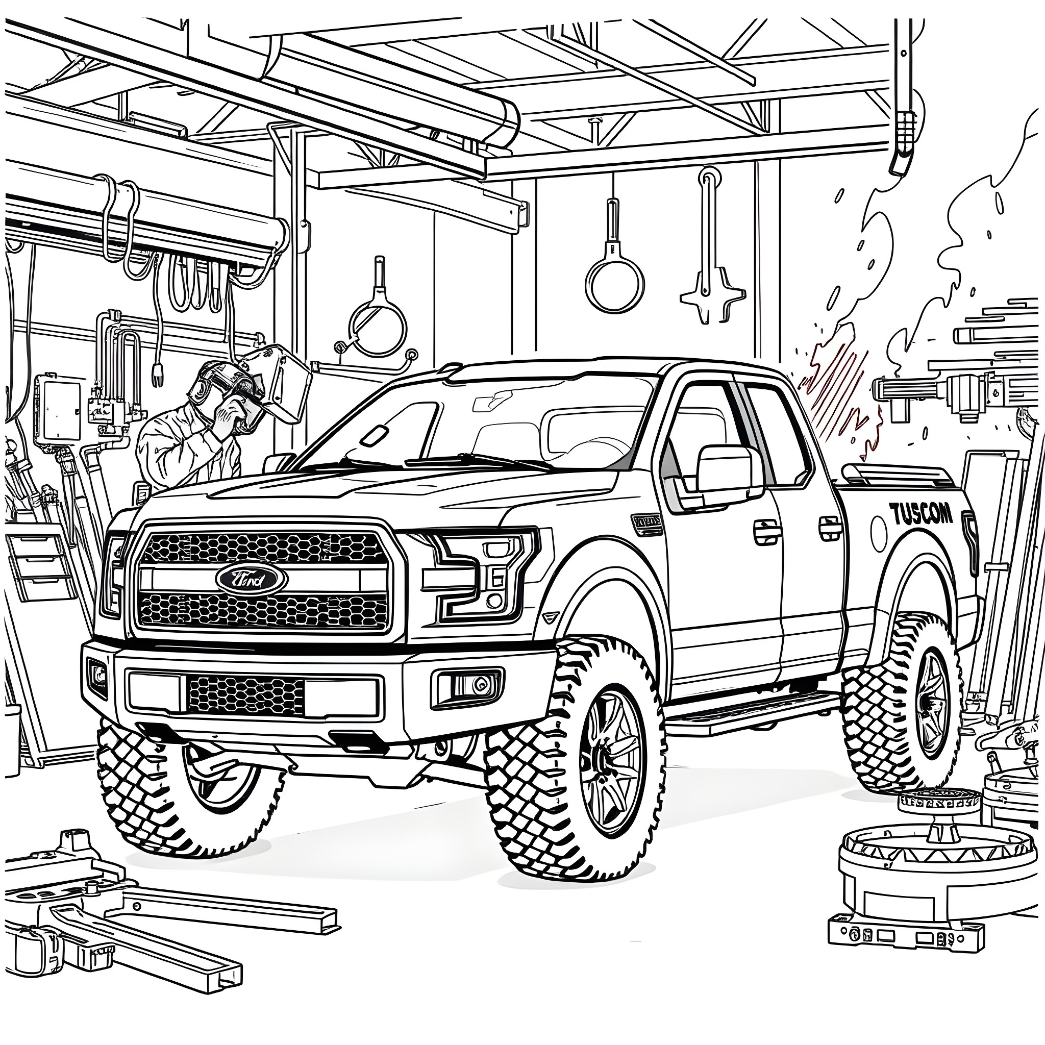 Pickup truck being serviced in a workshop Coloring Page (free black-and-white line drawing printable PDF for all, from beginners to advanced learners, including children, teens, adults, and seniors)