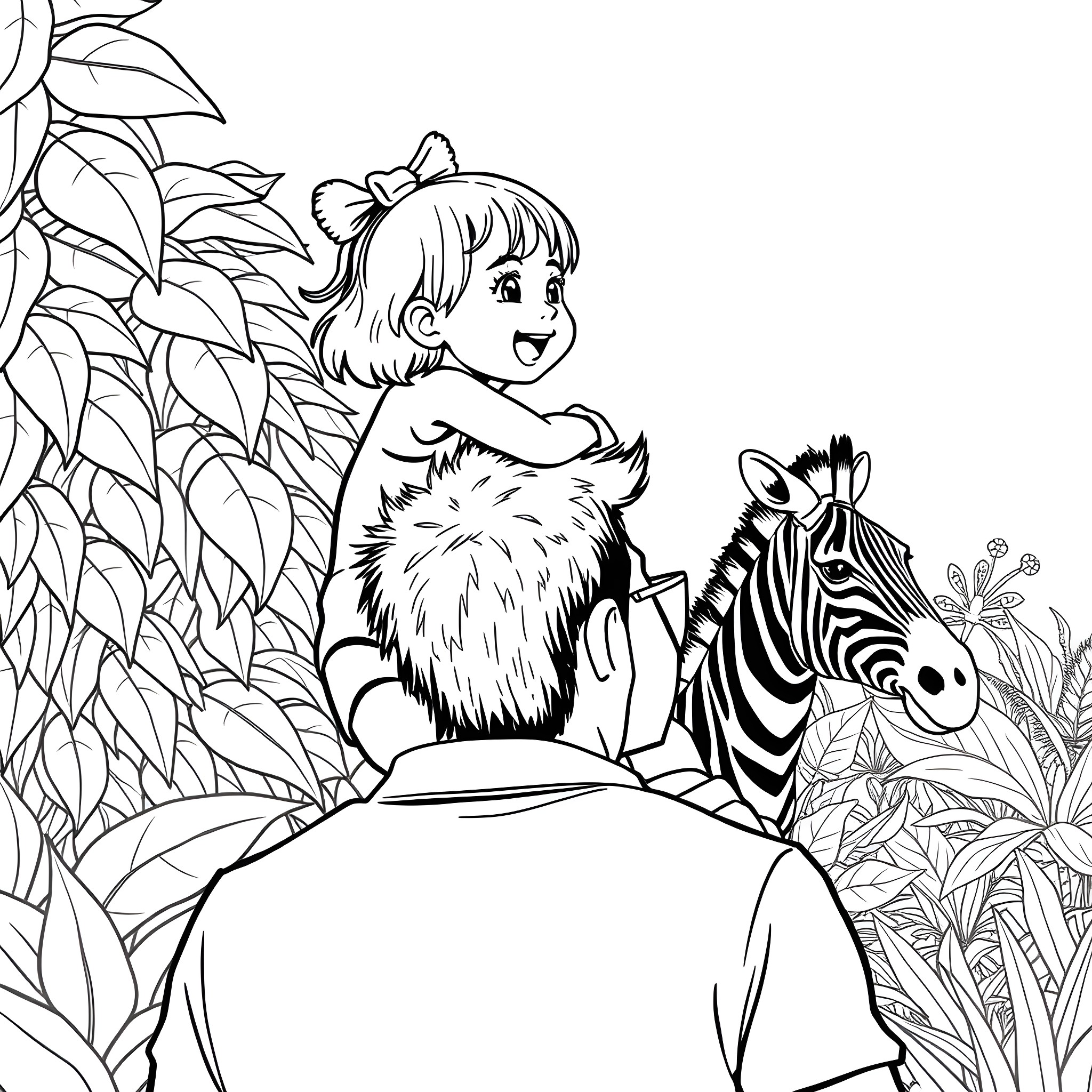 Girl interacting with animals in the jungle Coloring Page (free black-and-white line drawing printable PDF for all, from beginners to advanced learners, including children, teens, adults, and seniors)