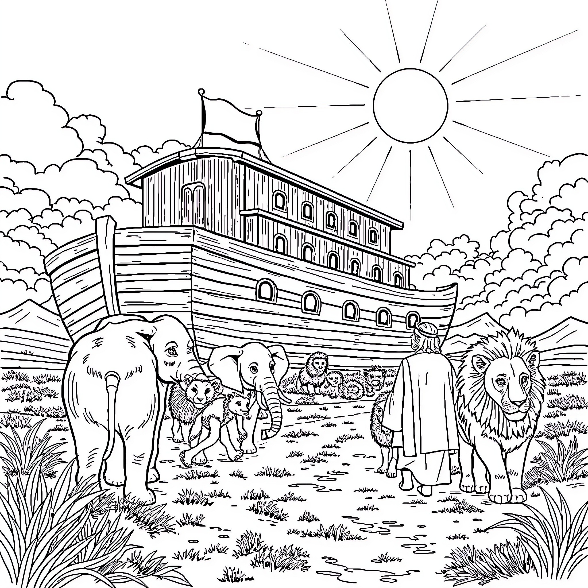 Noah's Ark Floating on a Sunny Landscape Coloring Page (free black-and-white line drawing printable PDF for all, from beginners to advanced learners, including children, teens, adults, and seniors)