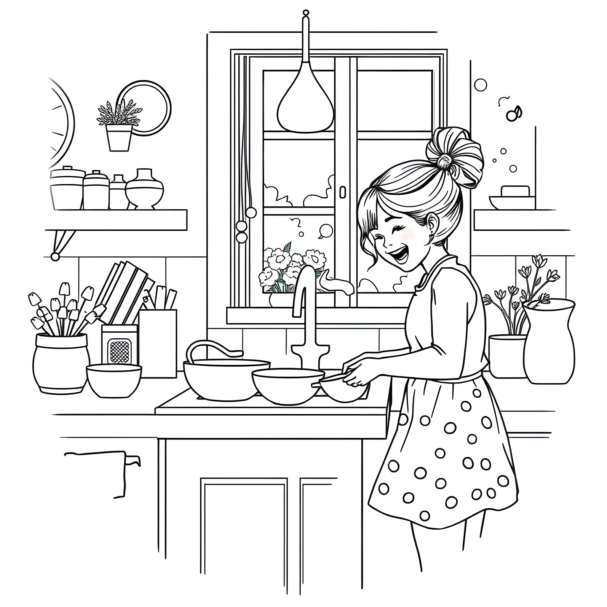 Mother Preparing a Meal in the Kitchen Coloring Page (free black-and-white line drawing printable PDF for all, from beginners to advanced learners, including children, teens, adults, and seniors)