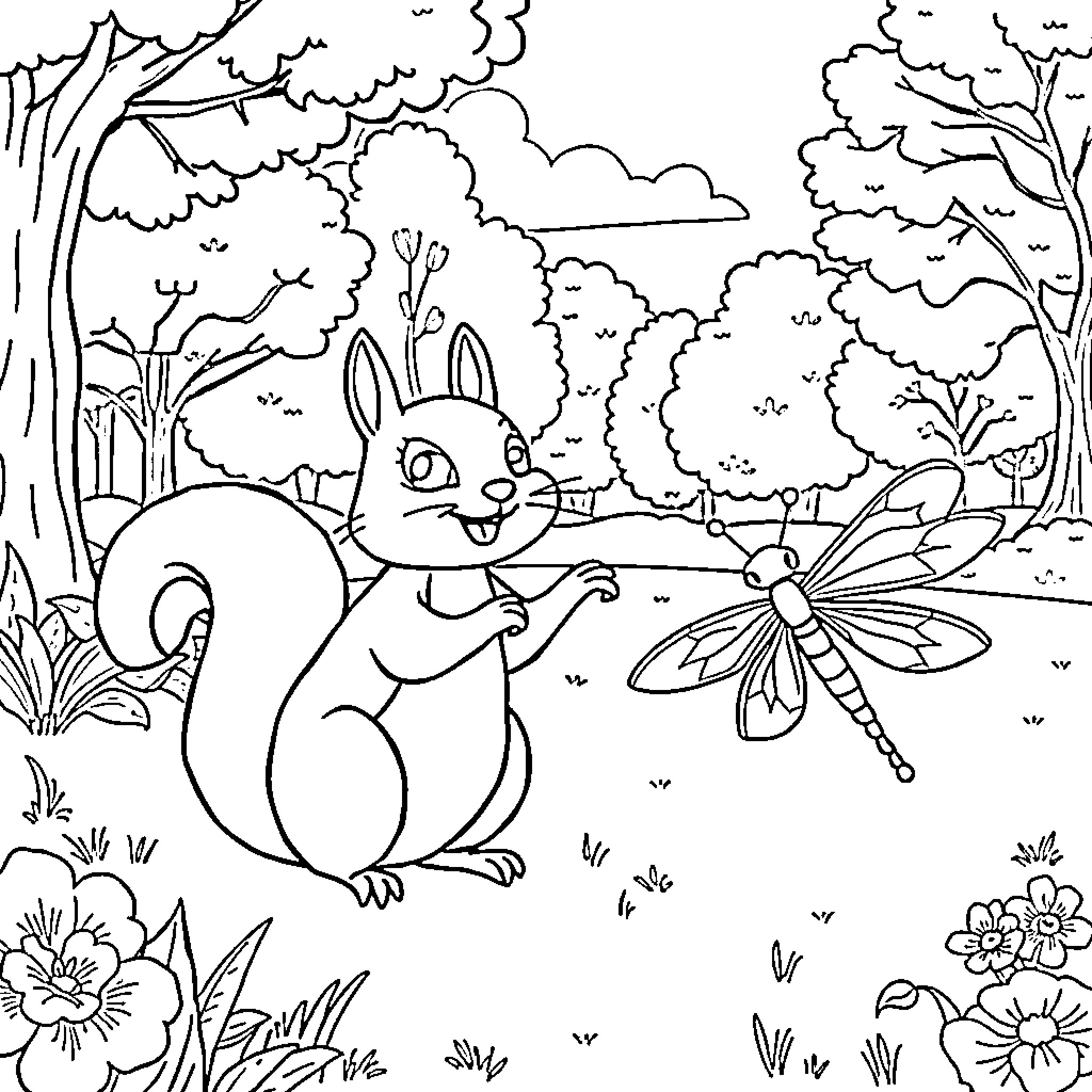 Squirrel playing with dragonfly in forest Coloring Page (free black-and-white line drawing printable PDF for all, from beginners to advanced learners, including children, teens, adults, and seniors)