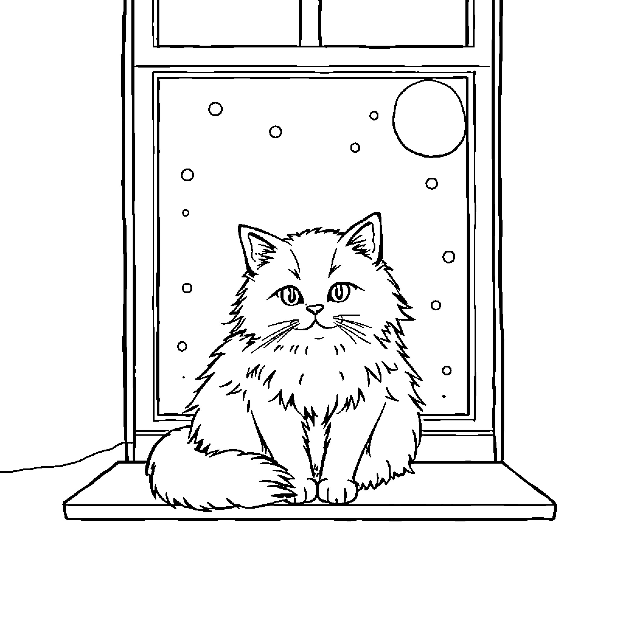 Cat looking out through window Coloring Page (free black-and-white line drawing printable PDF for all, from beginners to advanced learners, including children, teens, adults, and seniors)