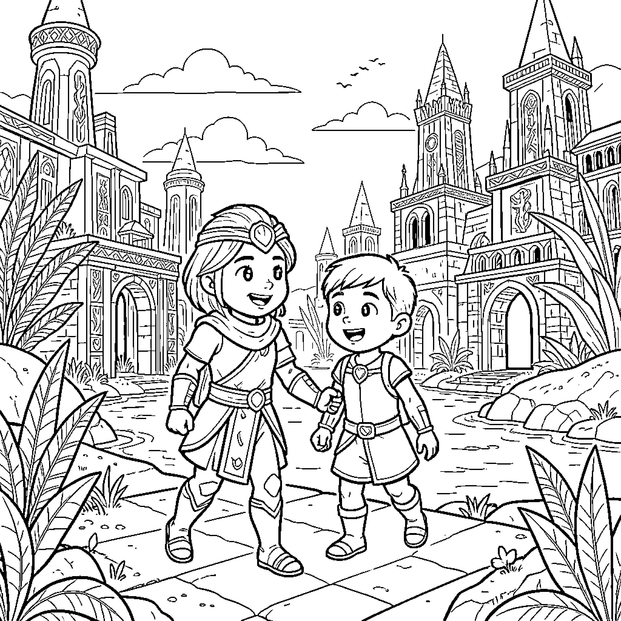Kida and Milo exploring the fantastical city Coloring Page (free black-and-white line drawing printable PDF for all, from beginners to advanced learners, including children, teens, adults, and seniors)