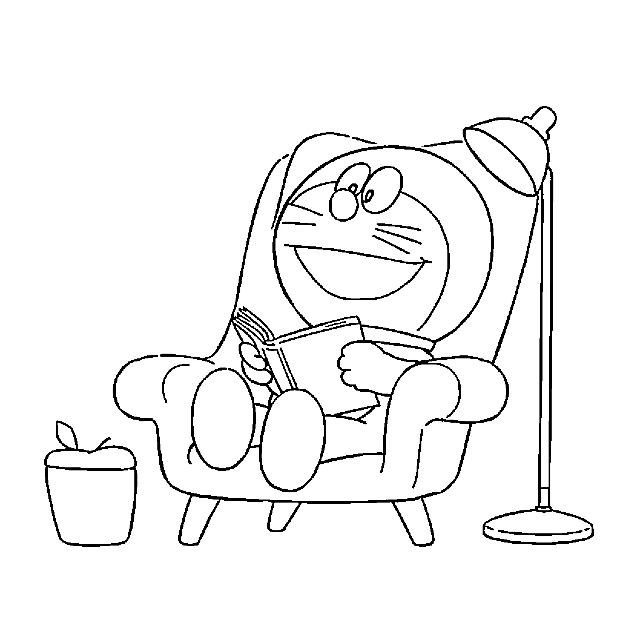 Doraemon relaxing and reading a book Coloring Page (free black-and-white line drawing printable PDF for all, from beginners to advanced learners, including children, teens, adults, and seniors)