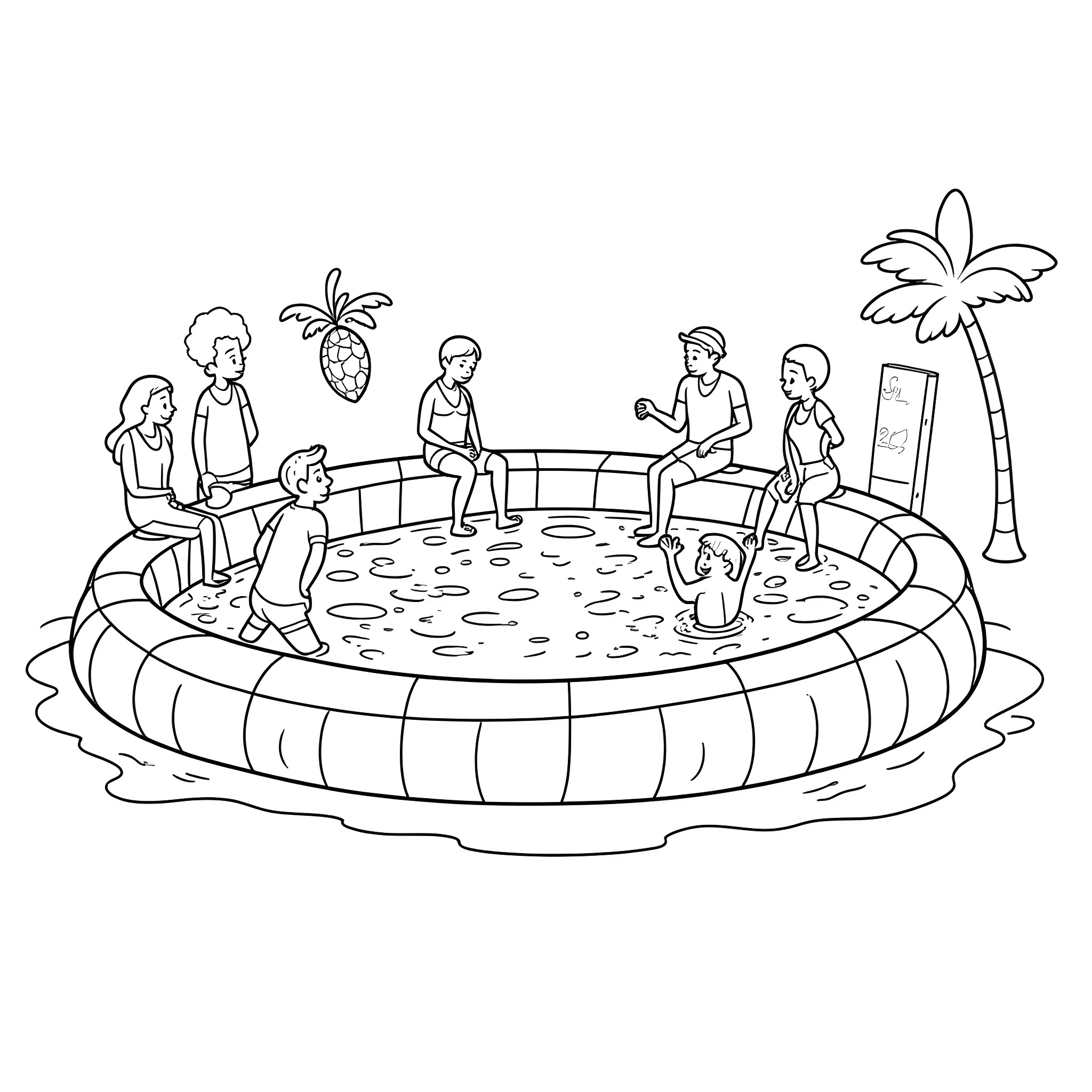 Abdl friends enjoying a summer pool party Coloring Page (free black-and-white line drawing printable PDF for all, from beginners to advanced learners, including children, teens, adults, and seniors)