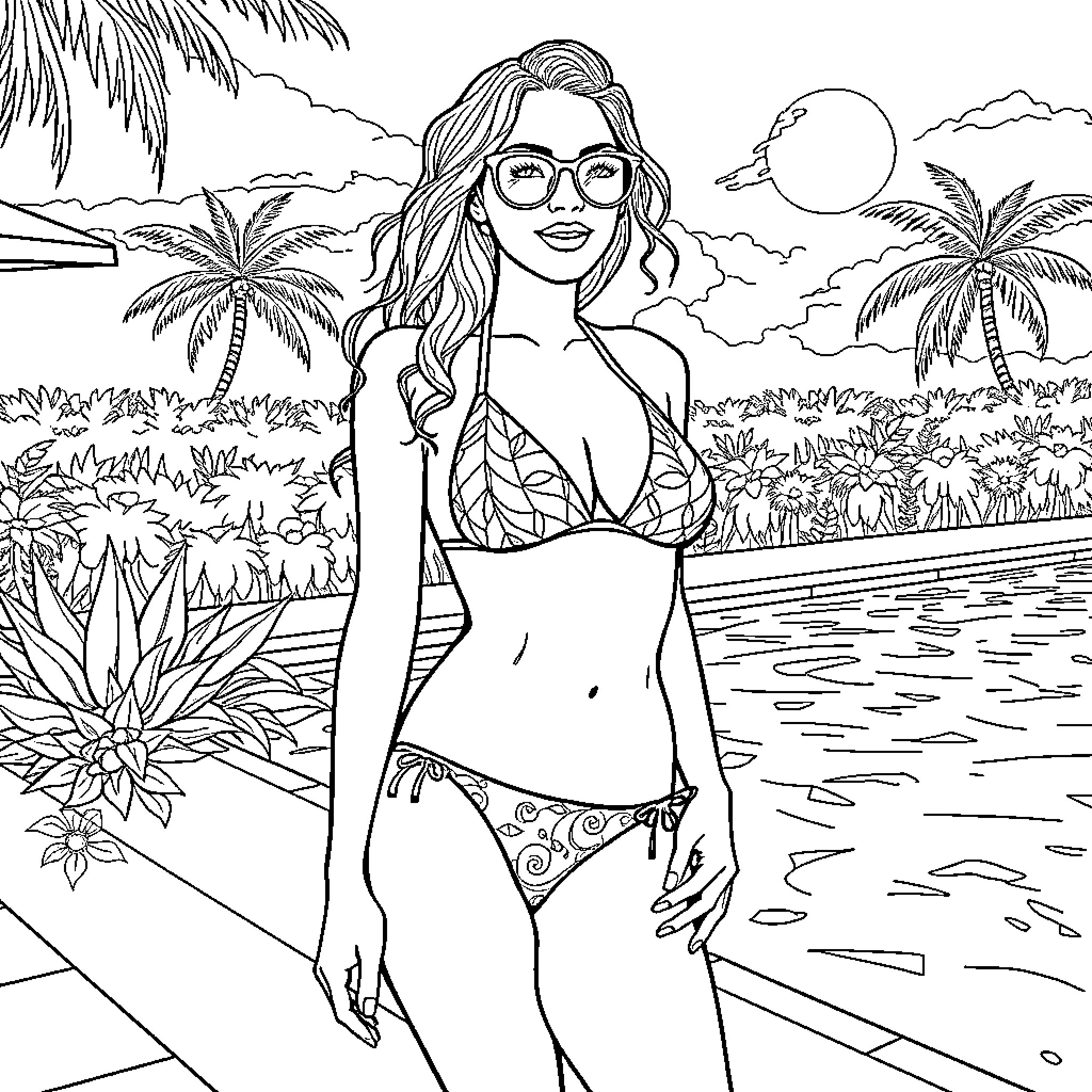 Woman in Tropical Beach Scene with Palm Trees Coloring Page (free black-and-white line drawing printable PDF for all, from beginners to advanced learners, including children, teens, adults, and seniors)