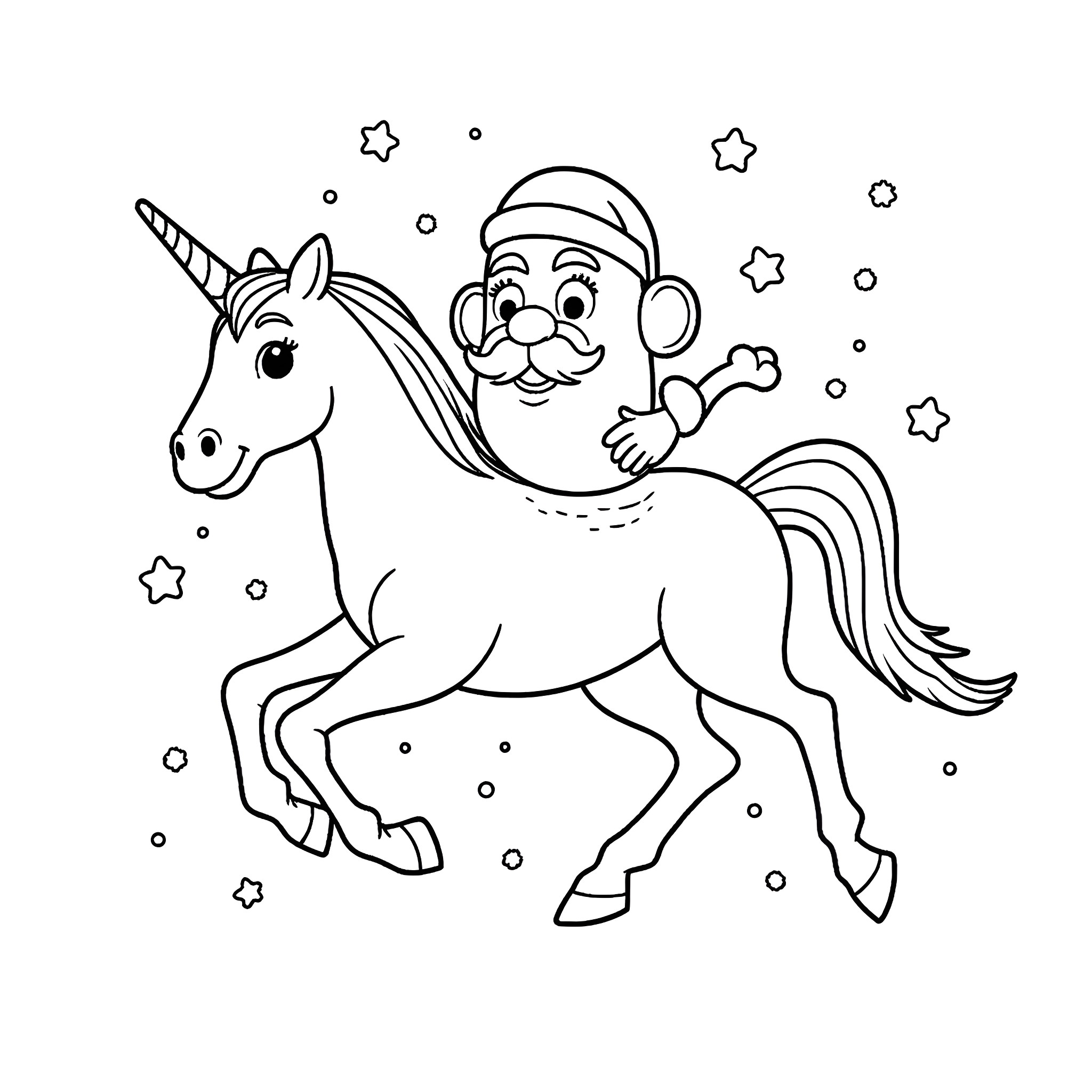 Unicorn ride with a cheerful elf Coloring Page (free black-and-white line drawing printable PDF for all, from beginners to advanced learners, including children, teens, adults, and seniors)