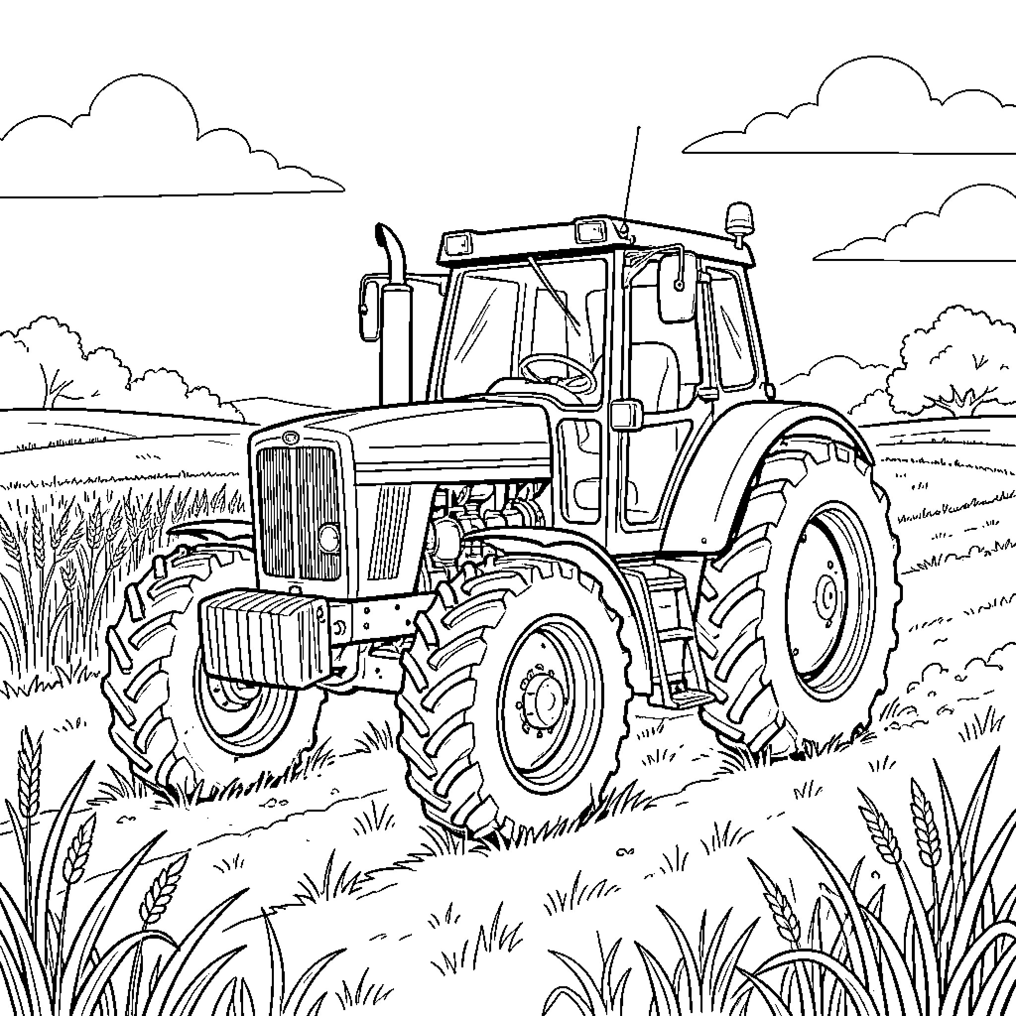 Tractor driving through a vast wheat field Coloring Page (free black-and-white line drawing printable PDF for all, from beginners to advanced learners, including children, teens, adults, and seniors)