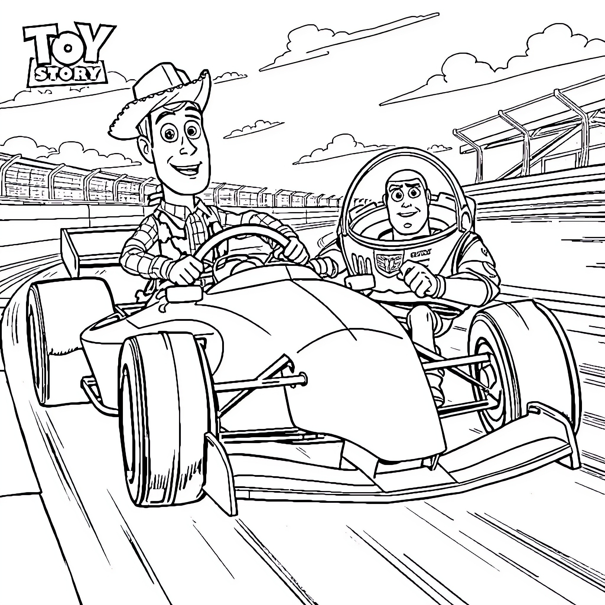 Woody and Buzz Lightyear racing in Formula Car Coloring Page (free black-and-white line drawing printable PDF for all, from beginners to advanced learners, including children, teens, adults, and seniors)