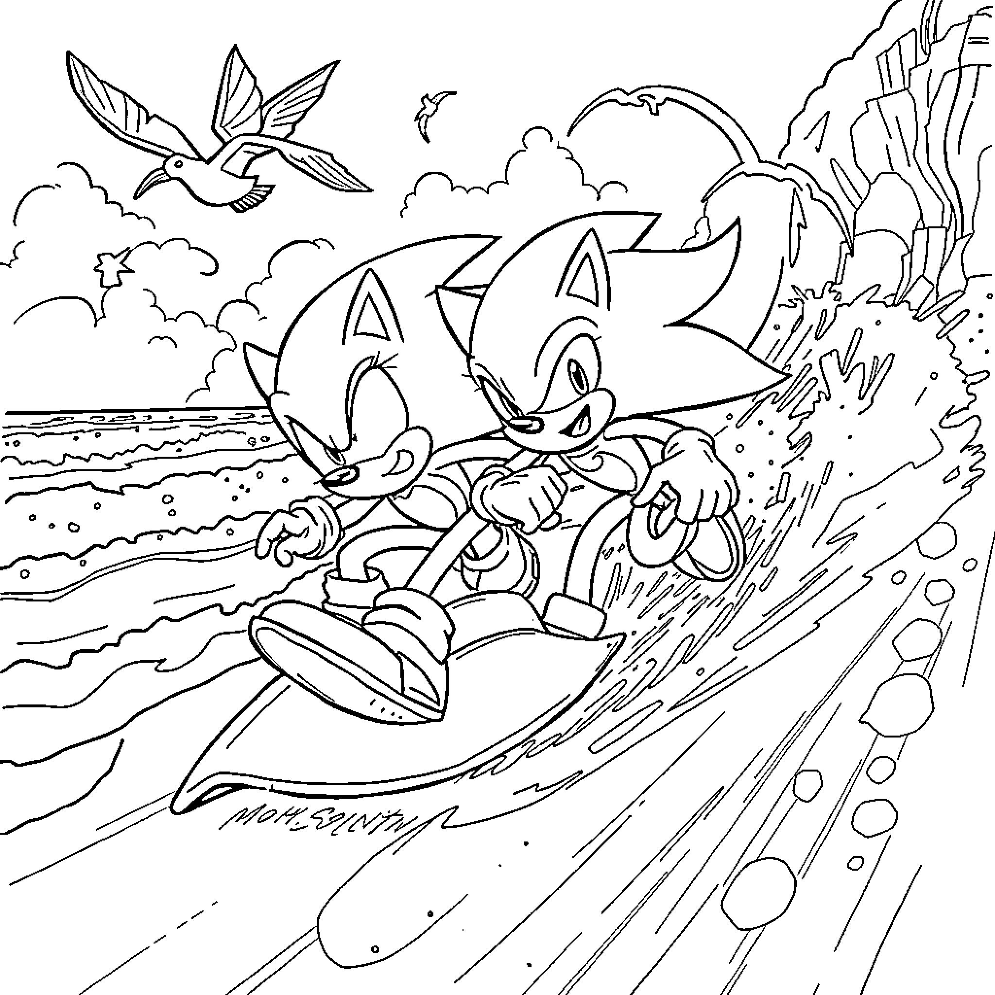 Sonic surfing through waves and rocks Coloring Page (free black-and-white line drawing printable PDF for all, from beginners to advanced learners, including children, teens, adults, and seniors)