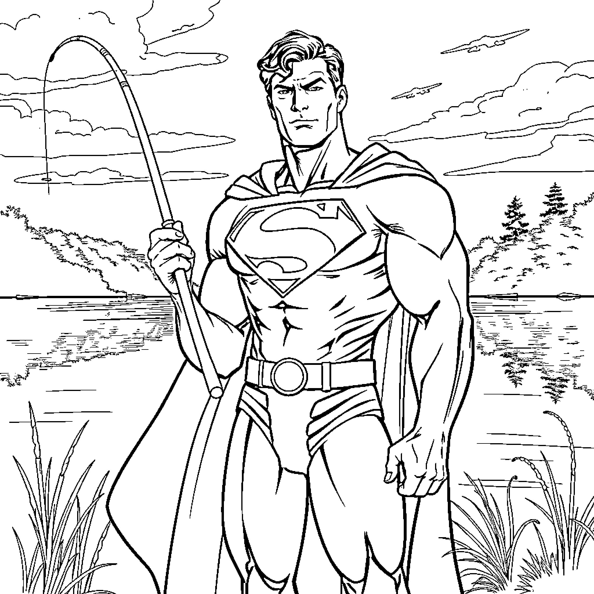 Superman saves the day in the wilderness Coloring Page (free black-and-white line drawing printable PDF for all, from beginners to advanced learners, including children, teens, adults, and seniors)