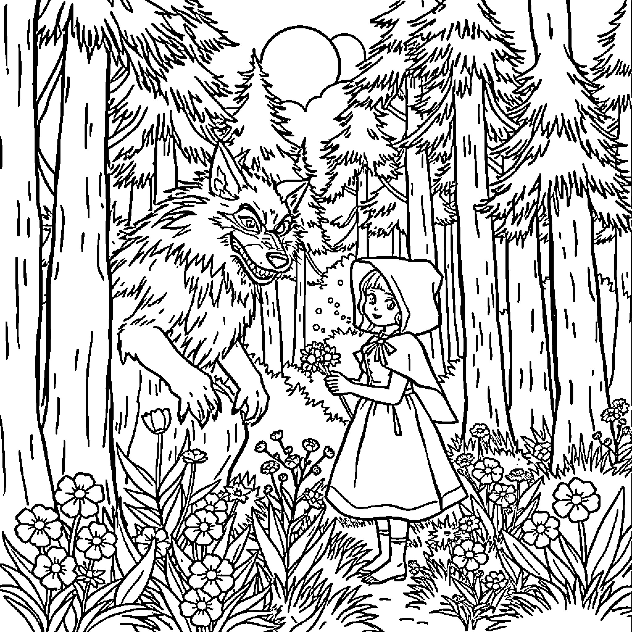 Little Red Riding Hood meets the wolf in the forest Coloring Page (free black-and-white line drawing printable PDF for all, from beginners to advanced learners, including children, teens, adults, and seniors)