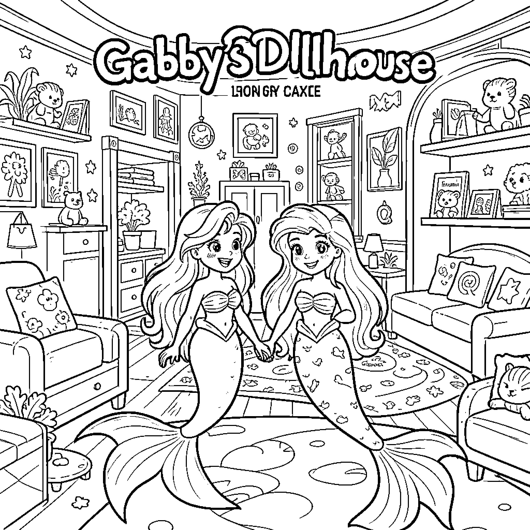 Dollhouse of Mermaid Friends in Cozy Home Coloring Page (free black-and-white line drawing printable PDF for all, from beginners to advanced learners, including children, teens, adults, and seniors)