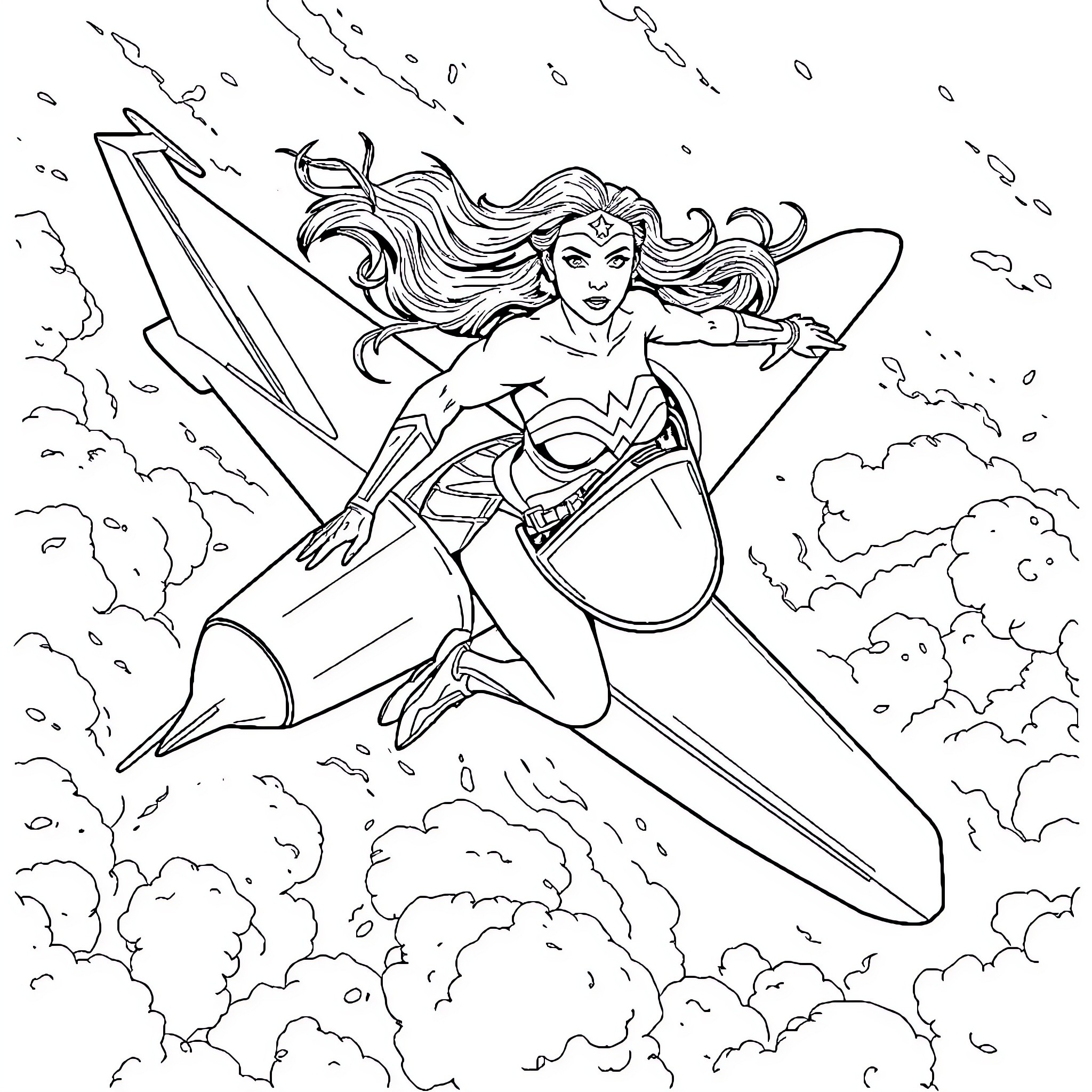 Wonder Woman flying heroically through the clouds Coloring Page (free black-and-white line drawing printable PDF for all, from beginners to advanced learners, including children, teens, adults, and seniors)
