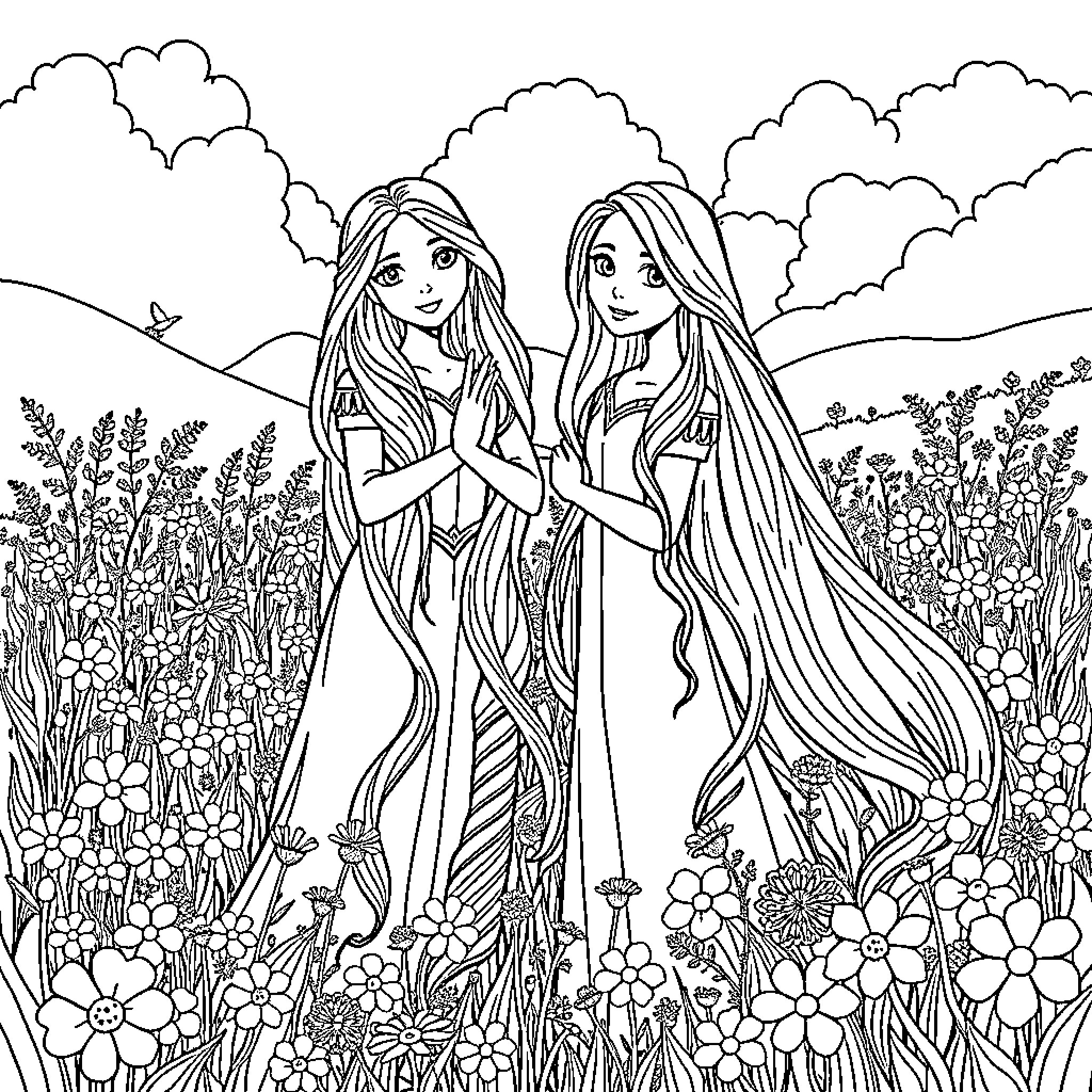 Rapunzel and friend explore enchanted garden Coloring Page (free black-and-white line drawing printable PDF for all, from beginners to advanced learners, including children, teens, adults, and seniors)