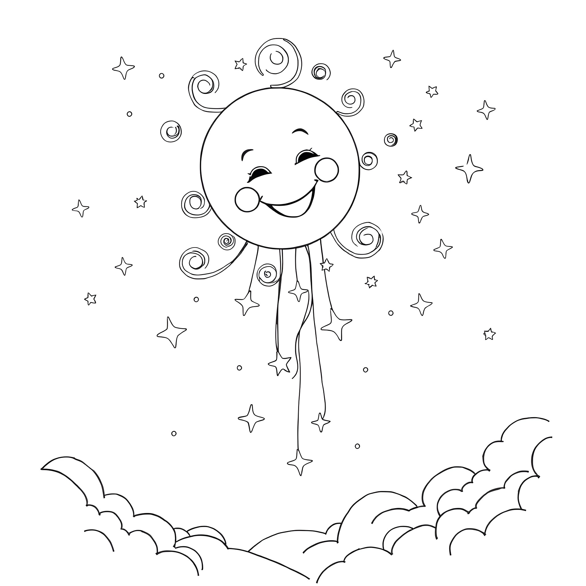 Moon smiling joyfully among the stars Coloring Page (free black-and-white line drawing printable PDF for all, from beginners to advanced learners, including children, teens, adults, and seniors)
