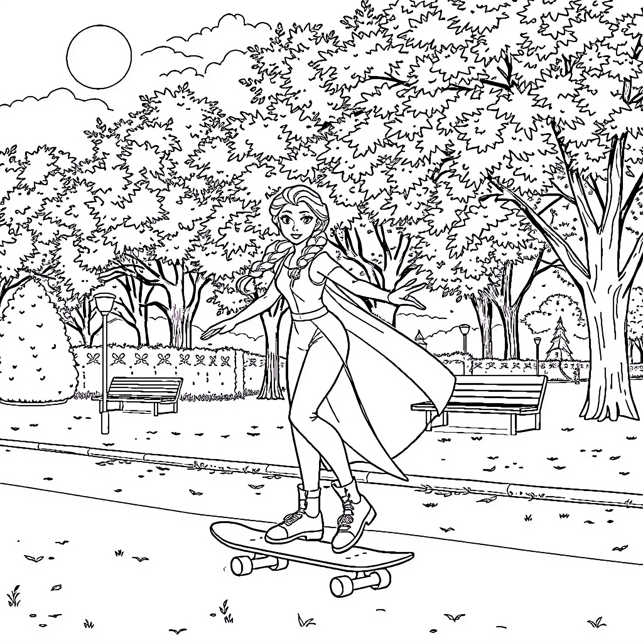 Elsa's Outdoor Adventure: Skateboarding in the Park Coloring Page (free black-and-white line drawing printable PDF for all, from beginners to advanced learners, including children, teens, adults, and seniors)